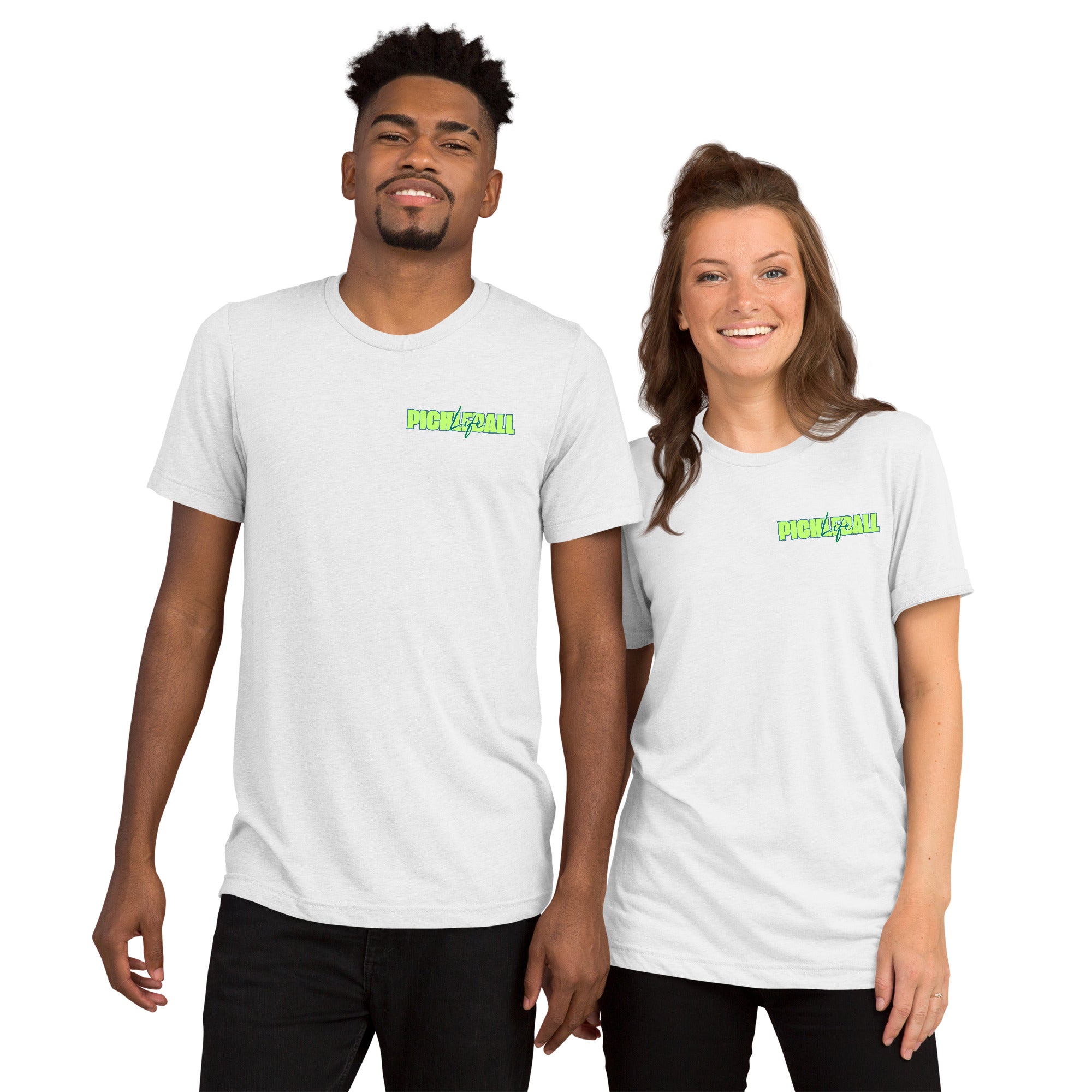 Unisex Pickleball Life T-Shirt by PeaMac Pickleball Tees in white with bold green and blue graphic design on front.