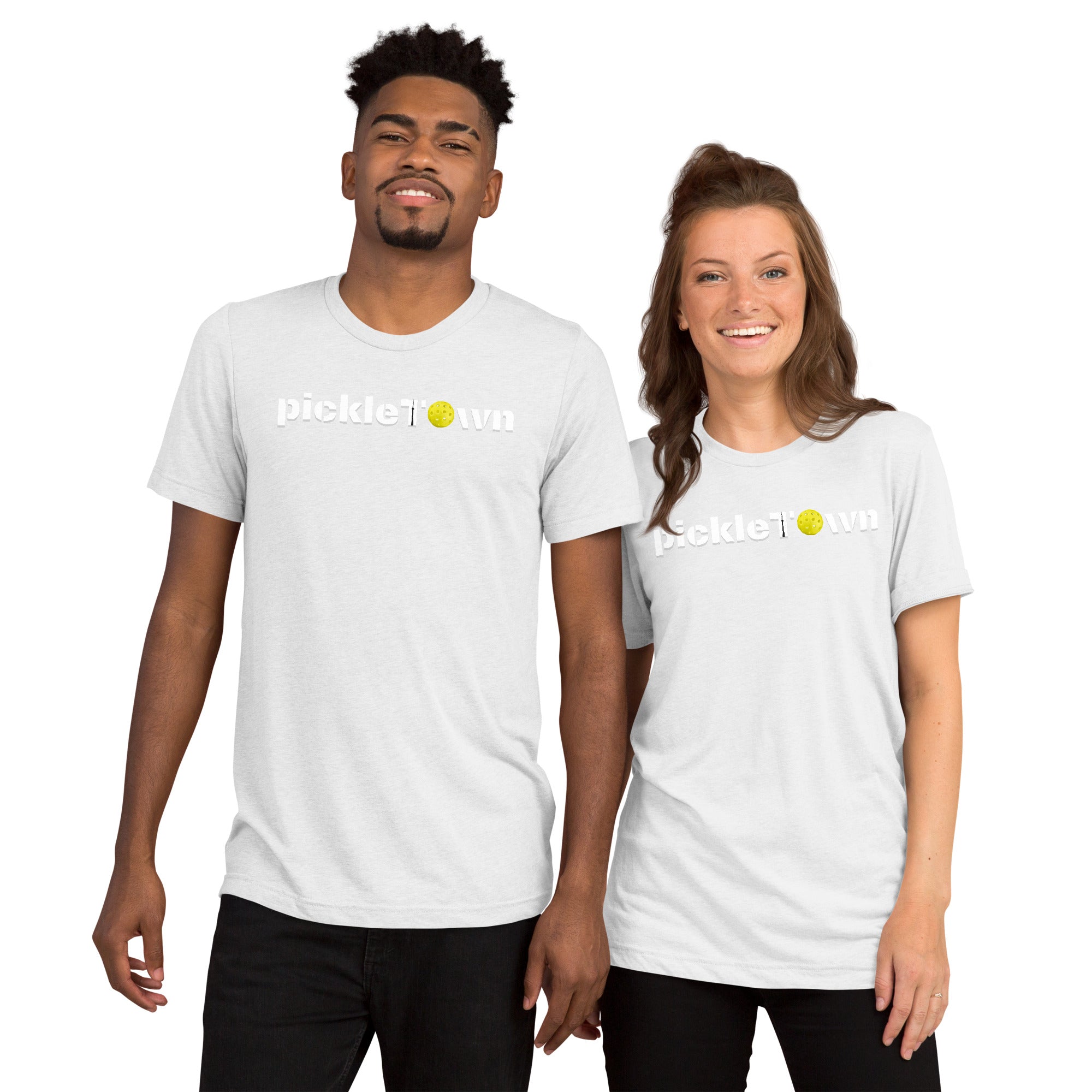 White unisex Toronto PickleTown T-Shirt featuring the CN Tower and Pickleball 'O' design by PeaMac Pickleball Tees.