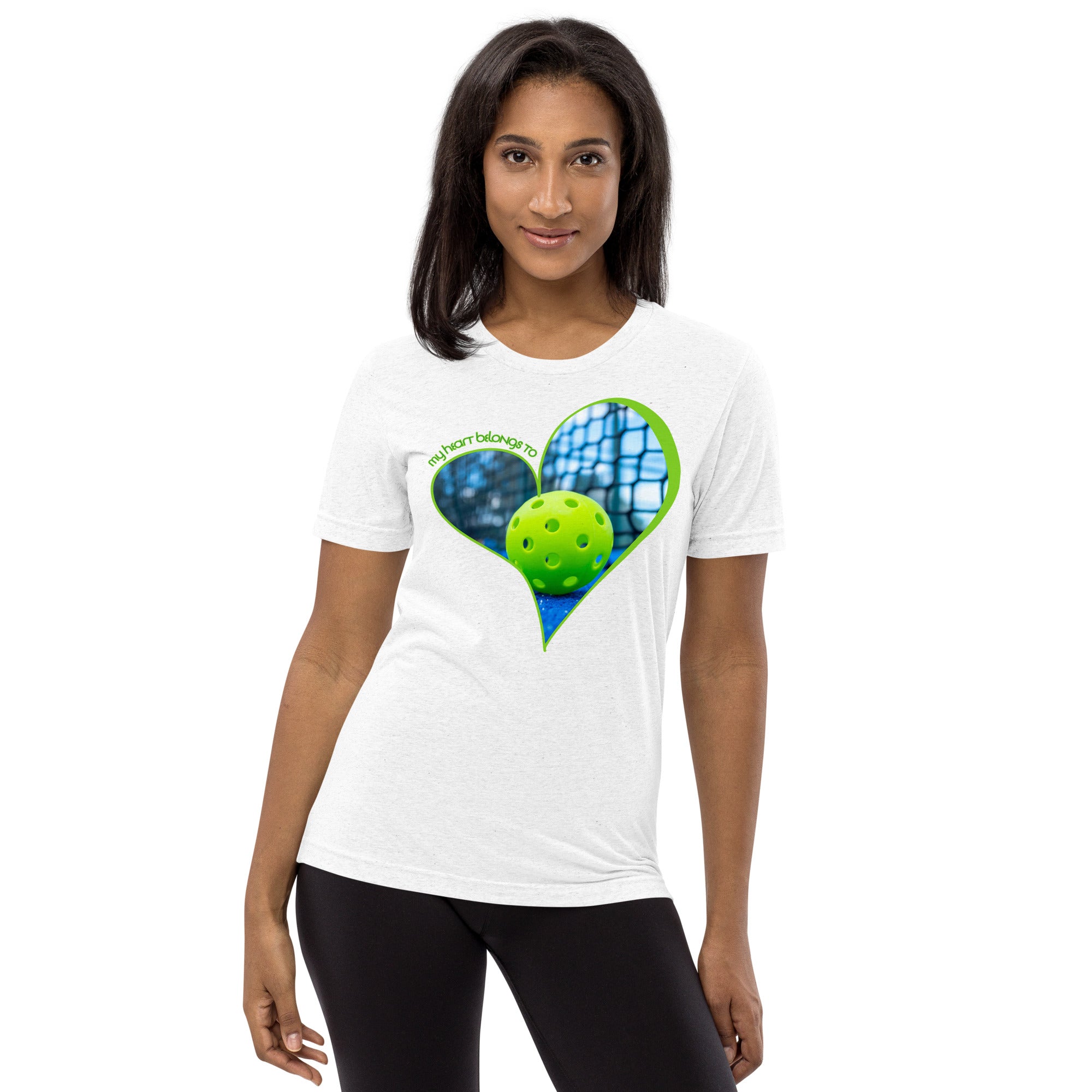 Unisex white tri-blend pickleball T-shirt with "My Heart Belongs to Pickleball" design by PeaMac Pickleball Tees