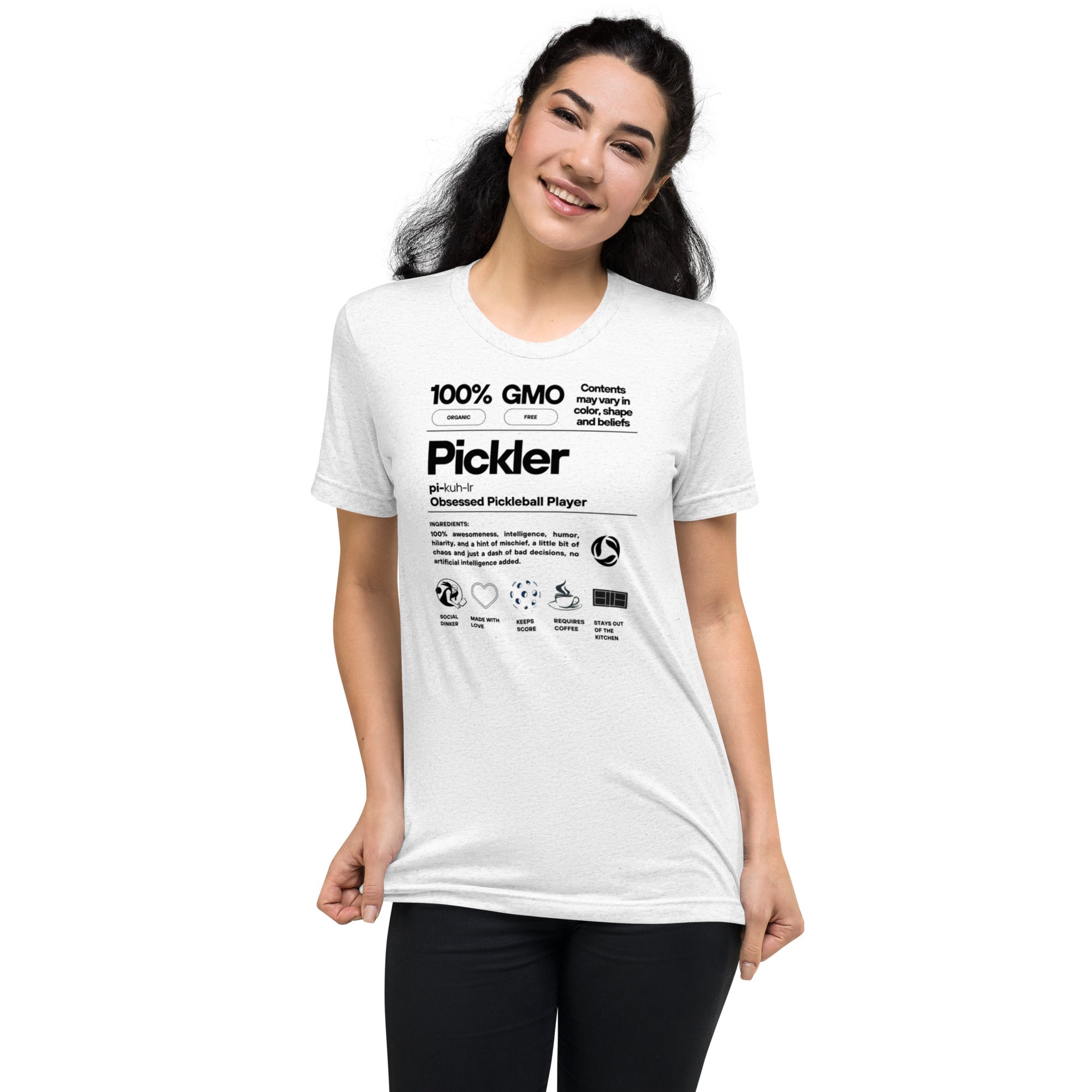 White Pickler Funny Definitions T-Shirt by PeaMac Pickleball Tees, lightweight unisex tri-blend fabric, front view.