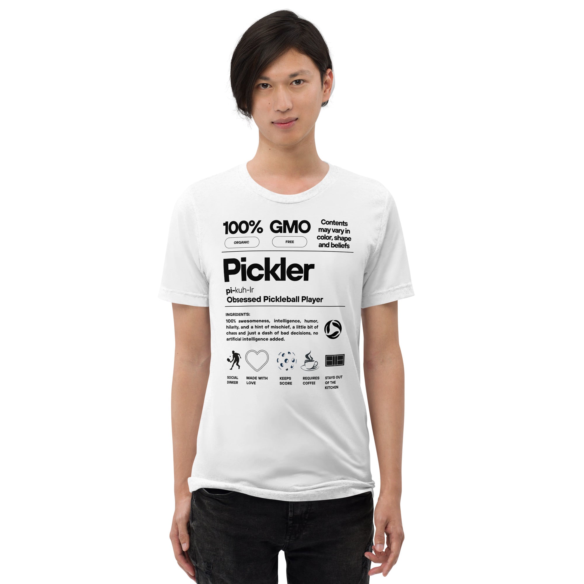 Unisex white tri-blend Pickler Funny Definitions T-Shirt by PeaMac Pickleball Tees, featuring a comfortable, casual fit.