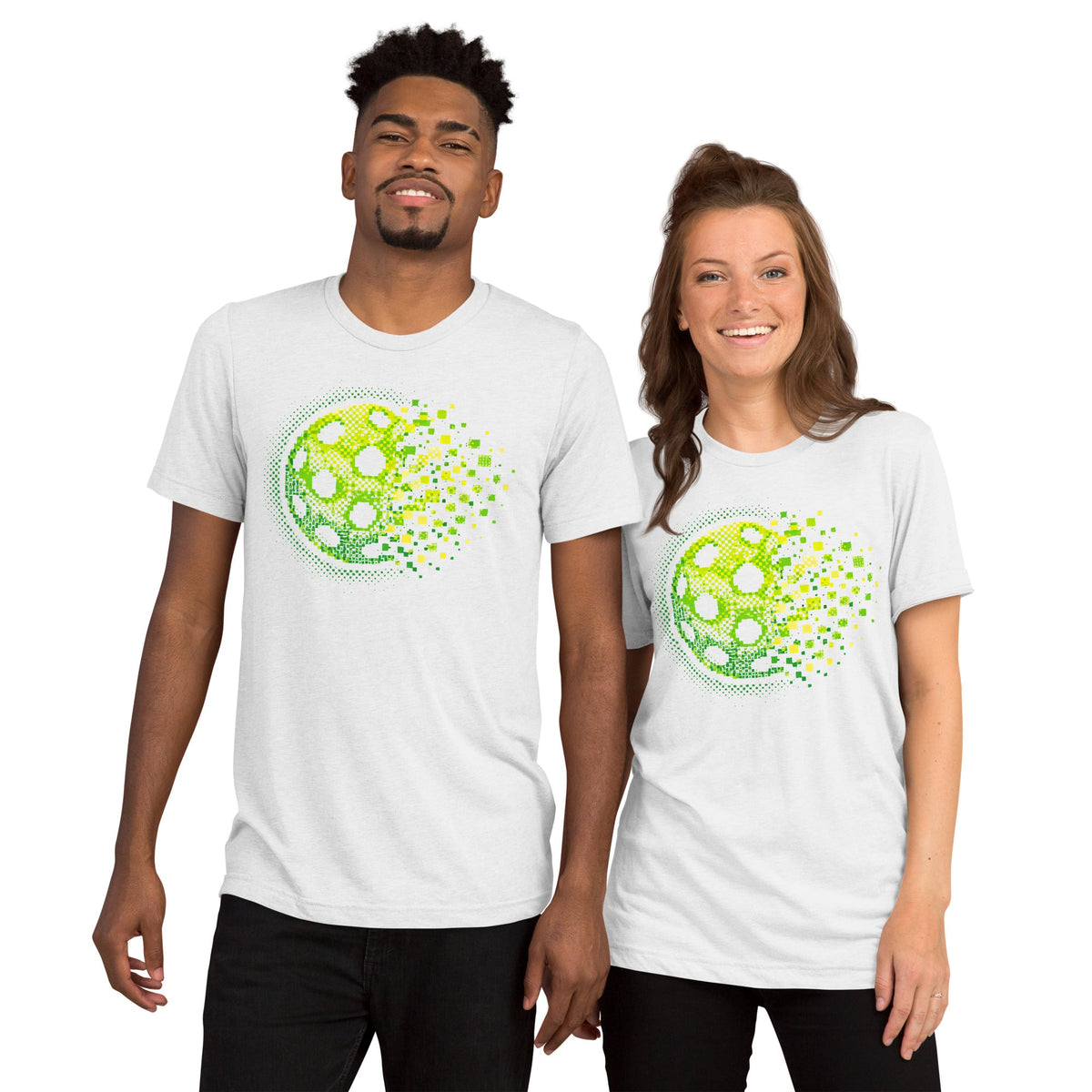 Unisex solid white tri-blend T-shirt featuring the Matrix Burst Neo-Green pickleball graphic, by PeaMac Pickleball Tees.