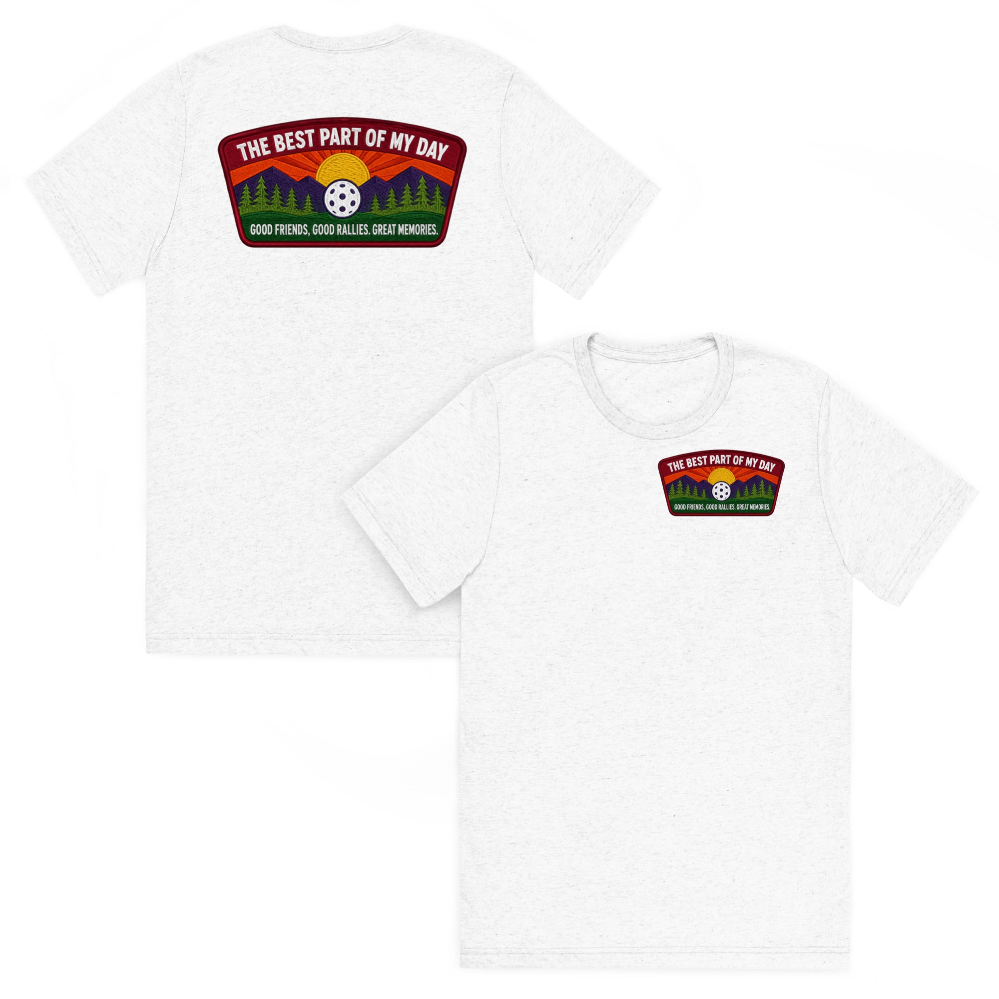 Unisex white Tri-Blend pickleball T-shirt with front and back design, from PeaMac Pickleball Tees, casual and comfortable fit.