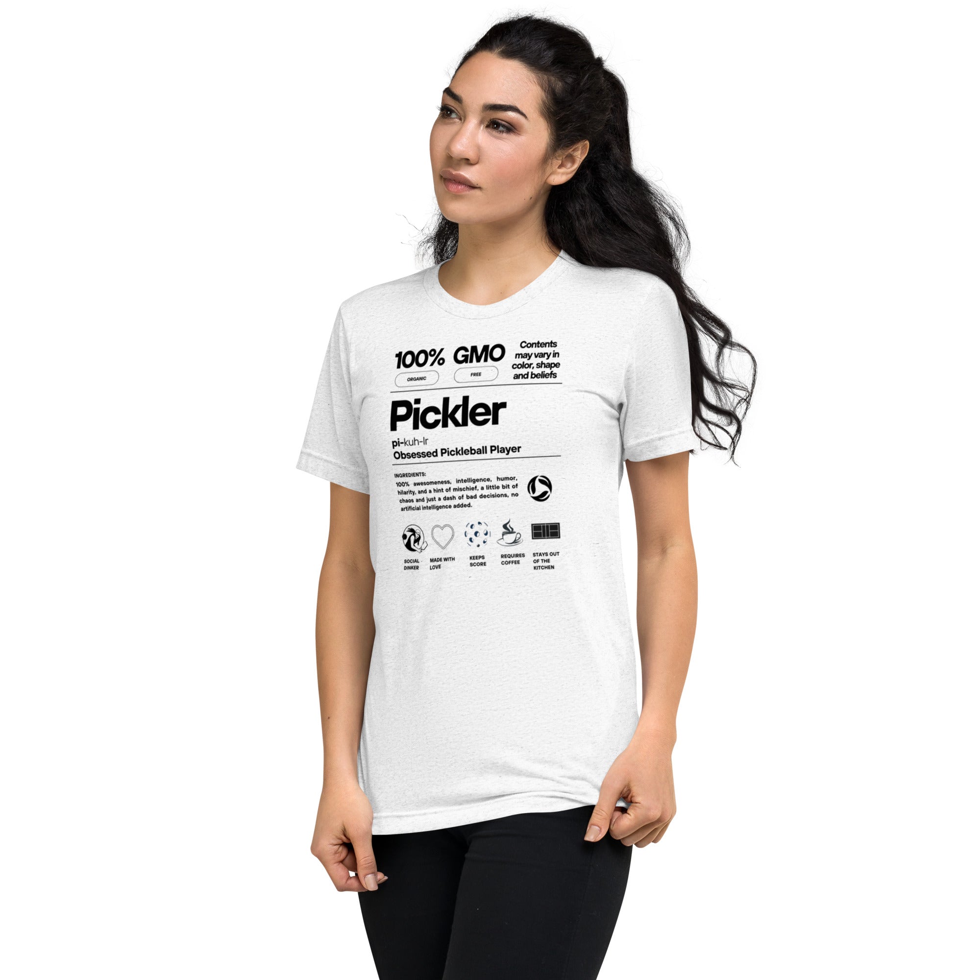 White women's Pickler Funny Definitions T-Shirt by PeaMac Pickleball Tees, lightweight unisex tri-blend activewear with playful text design.