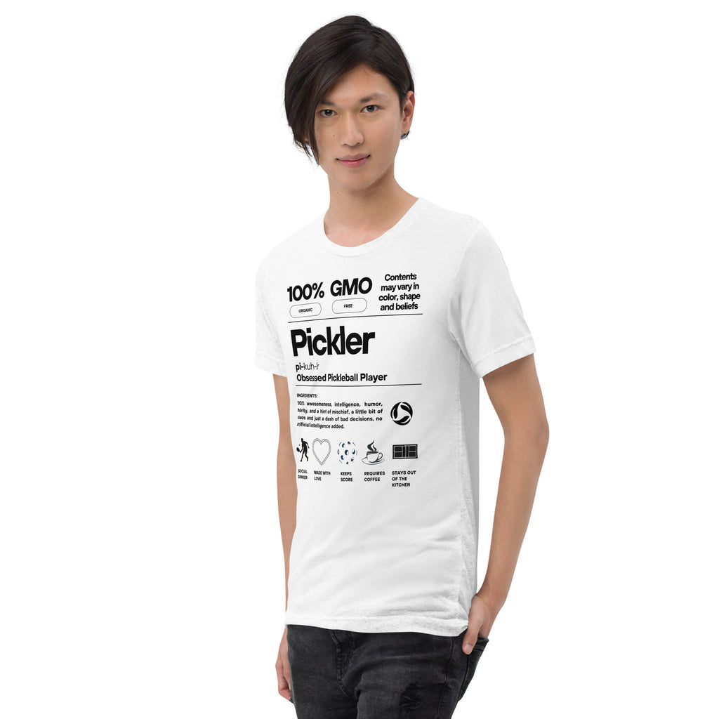 White men's Pickler Funny Definitions T-shirt by PeaMac Pickleball Tees, tri-blend fabric, unisex fit, left-front design.