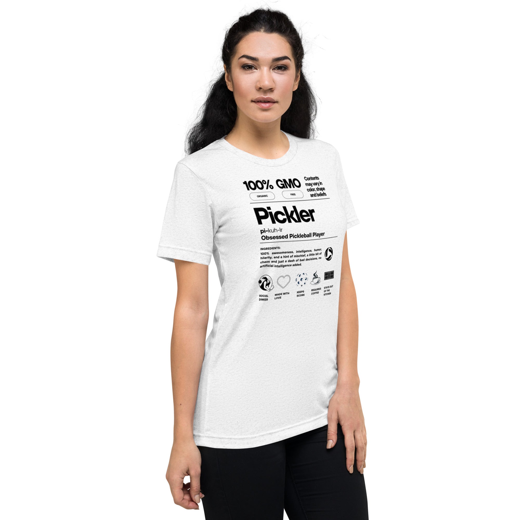 Women's Pickler Funny Definitions T-Shirt by PeaMac Pickleball Tees, white unisex tri-blend activewear T-shirt with humorous pickleball print.