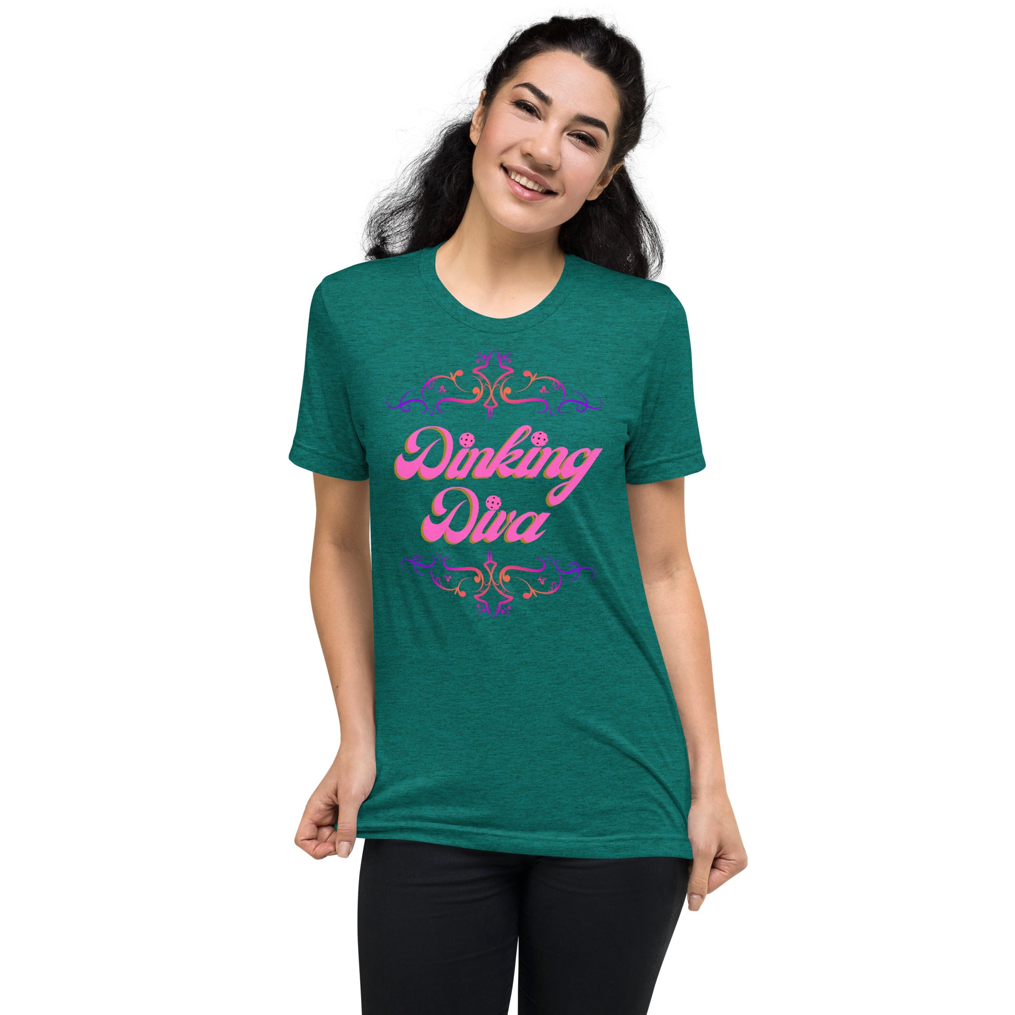Pink Filigree Dinking Diva pickleball T-shirt by PeaMac Pickleball Tees, unisex tri-blend athletic T-shirt with teal background.