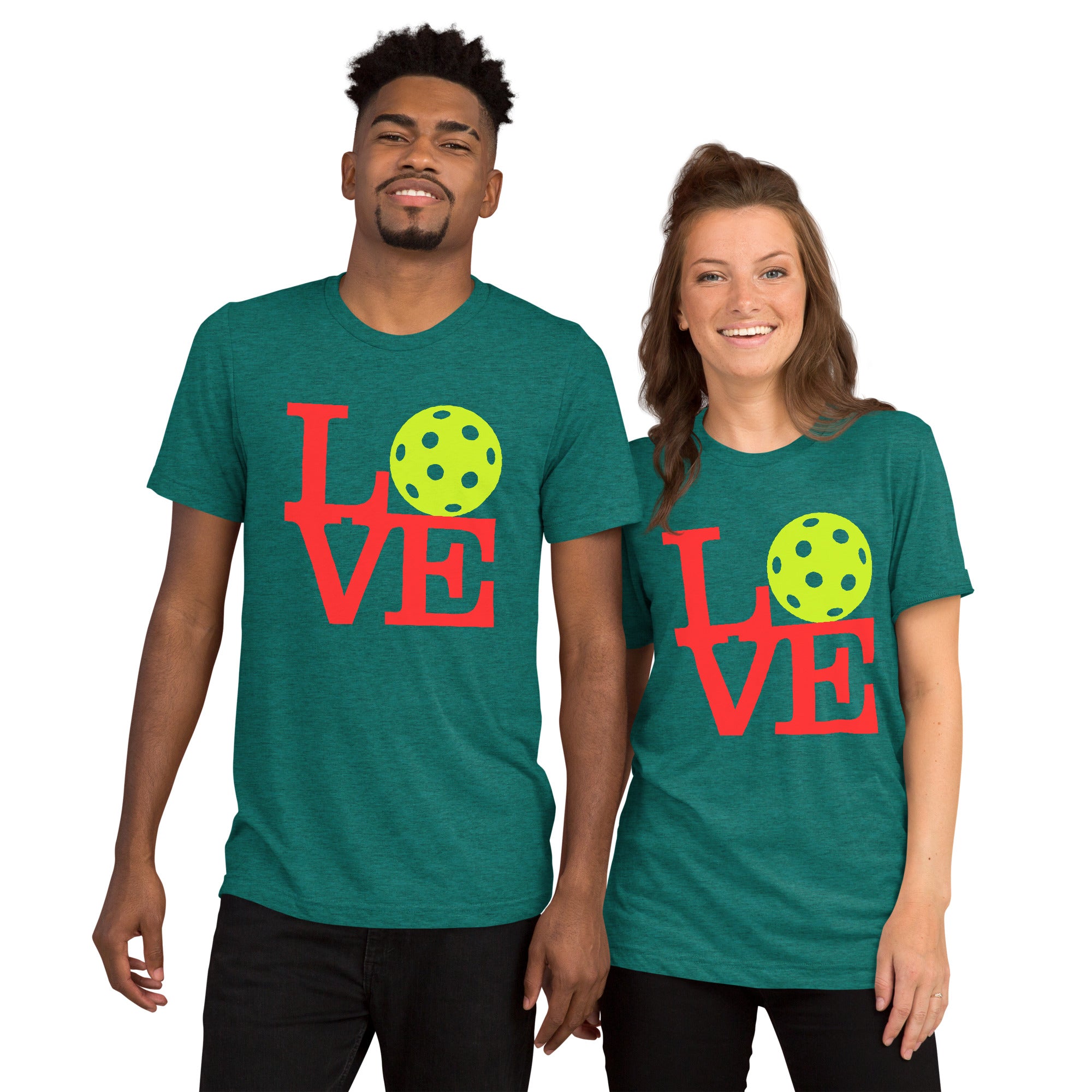 Unisex teal LOVE Pickleball Tee by PeaMac Pickleball Tees, neon pop art design on premium tri-blend cotton T-shirt.
