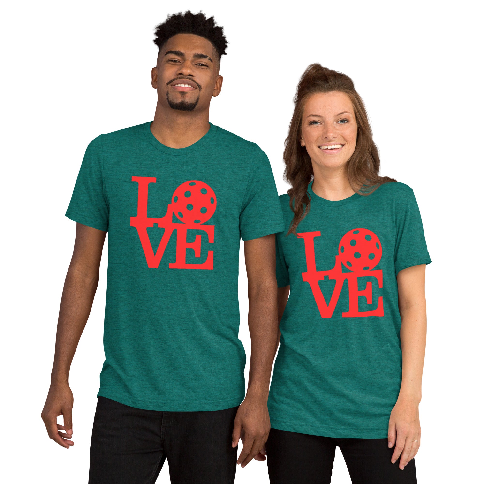 PeaMac Pickleball T-Shirt featuring bold red pop art design on unisex teal tri-blend fabric, front view.