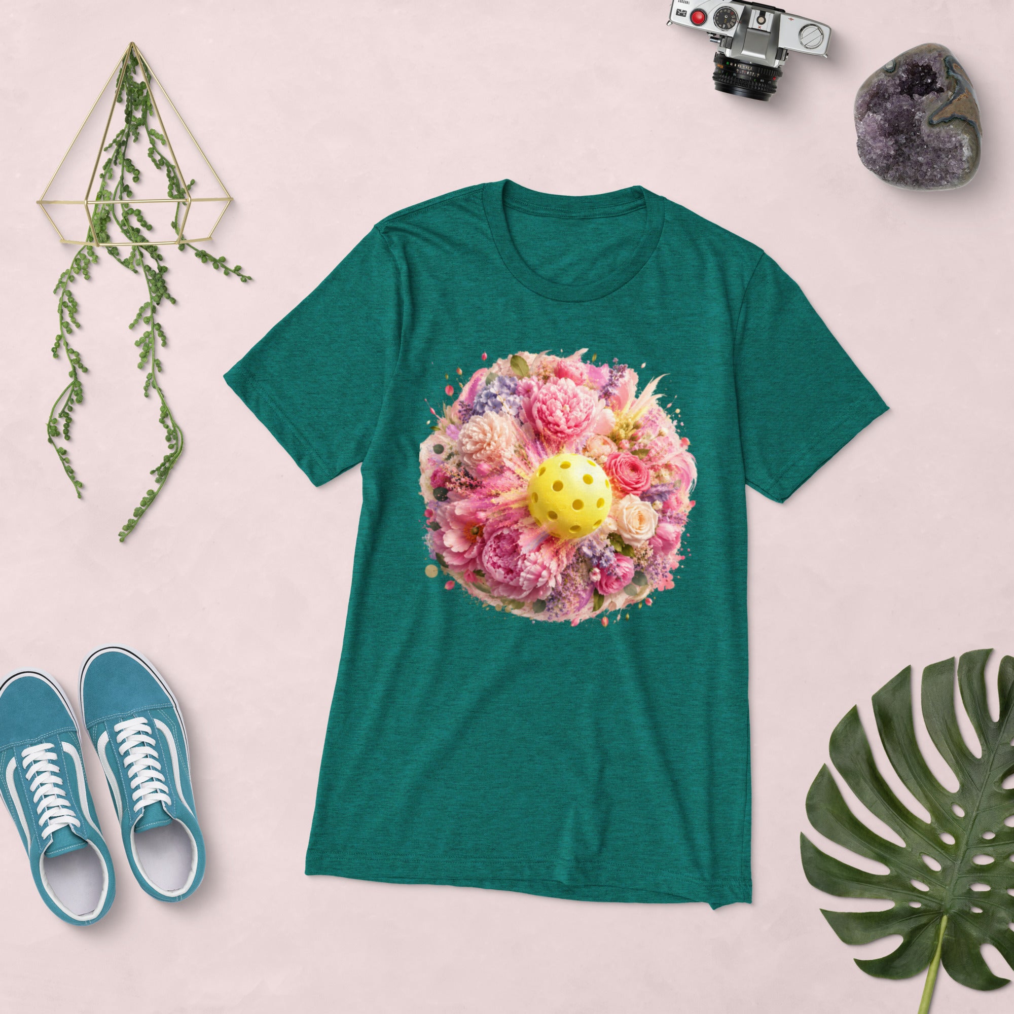 Unisex teal Peony Pickleball Tee by PeaMac Pickleball Tees, premium triblend fabric, front view of casual T-shirt for pickleball fans.