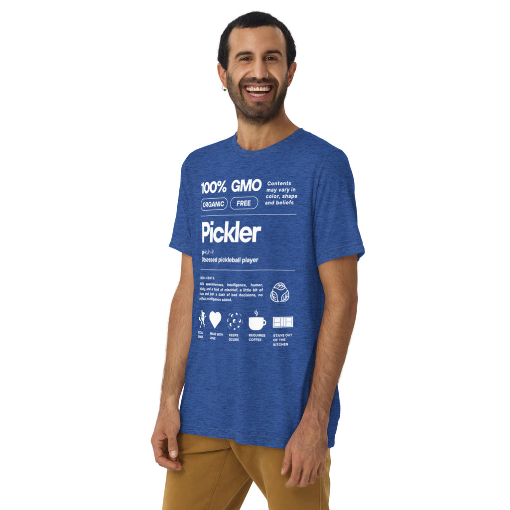 Men's Pickler Funny Definitions T-Shirt by PeaMac Pickleball Tees, unisex tri-blend fabric, true royal color, front view.