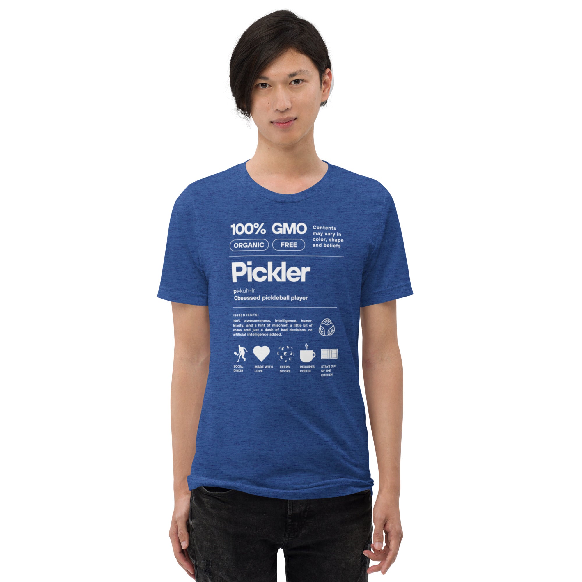Unisex Pickler Funny Definitions T-Shirt in true royal tri-blend fabric, featuring a front graphic design for men's pickleball activewear.