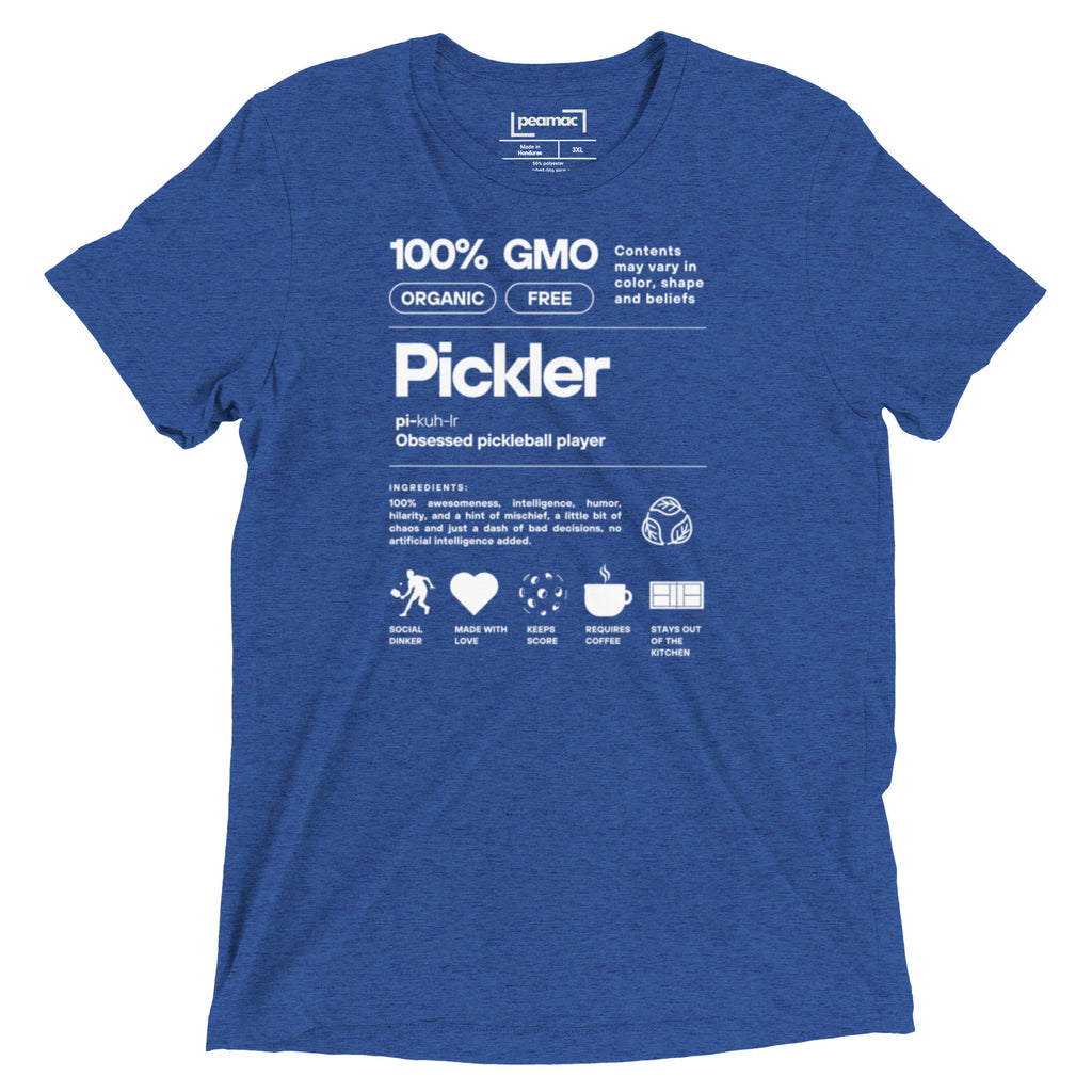 Men's Pickler Funny Definitions T-Shirt by PeaMac Pickleball Tees, unisex tri-blend fabric, true royal color front view.