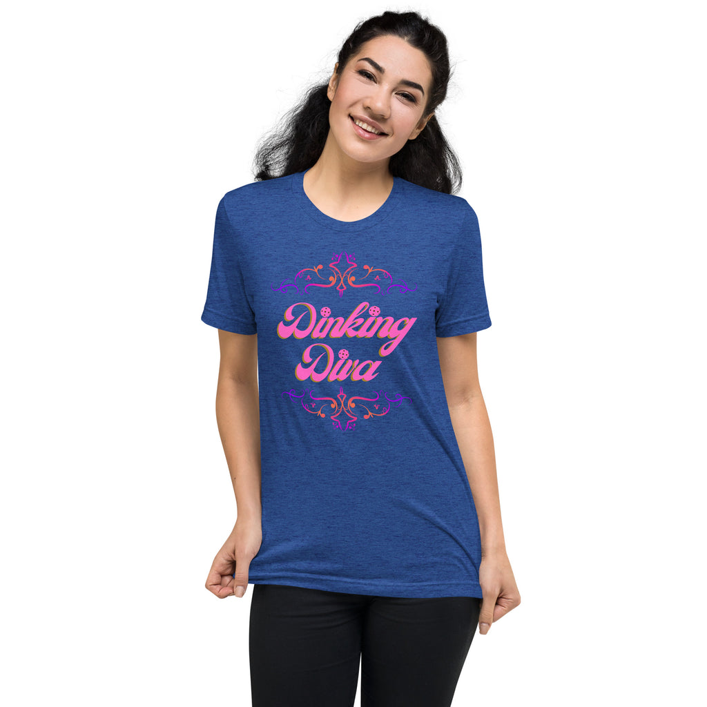 Pink Dinking Diva Pickleball T-Shirt by PeaMac Pickleball Tees, unisex tri-blend athletic tee with front design.