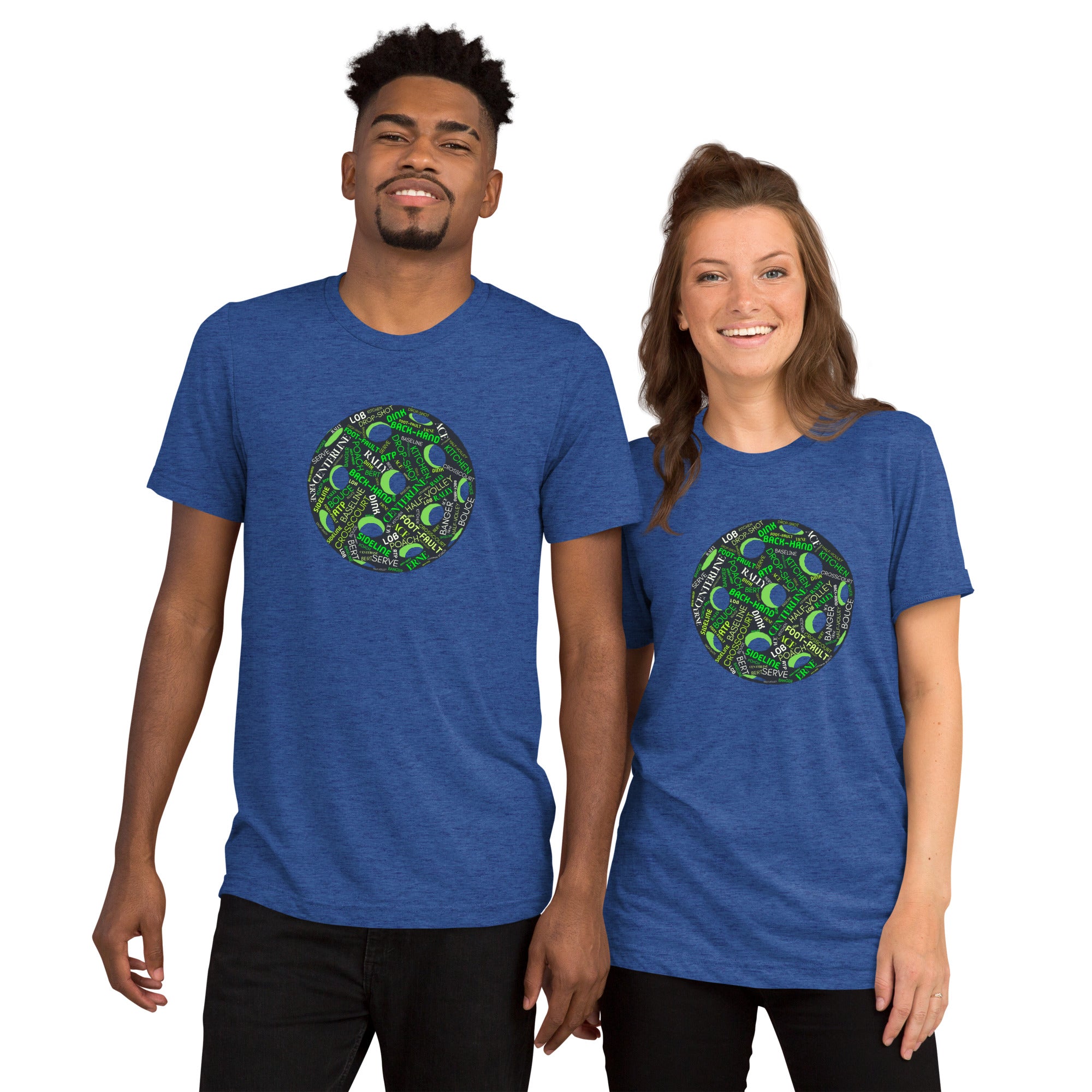 Unisex true royal tri-blend pickleball graphic T-shirt with a word cloud design featuring Dink, Pickle, and Kitchen from PeaMac Pickleball Tees