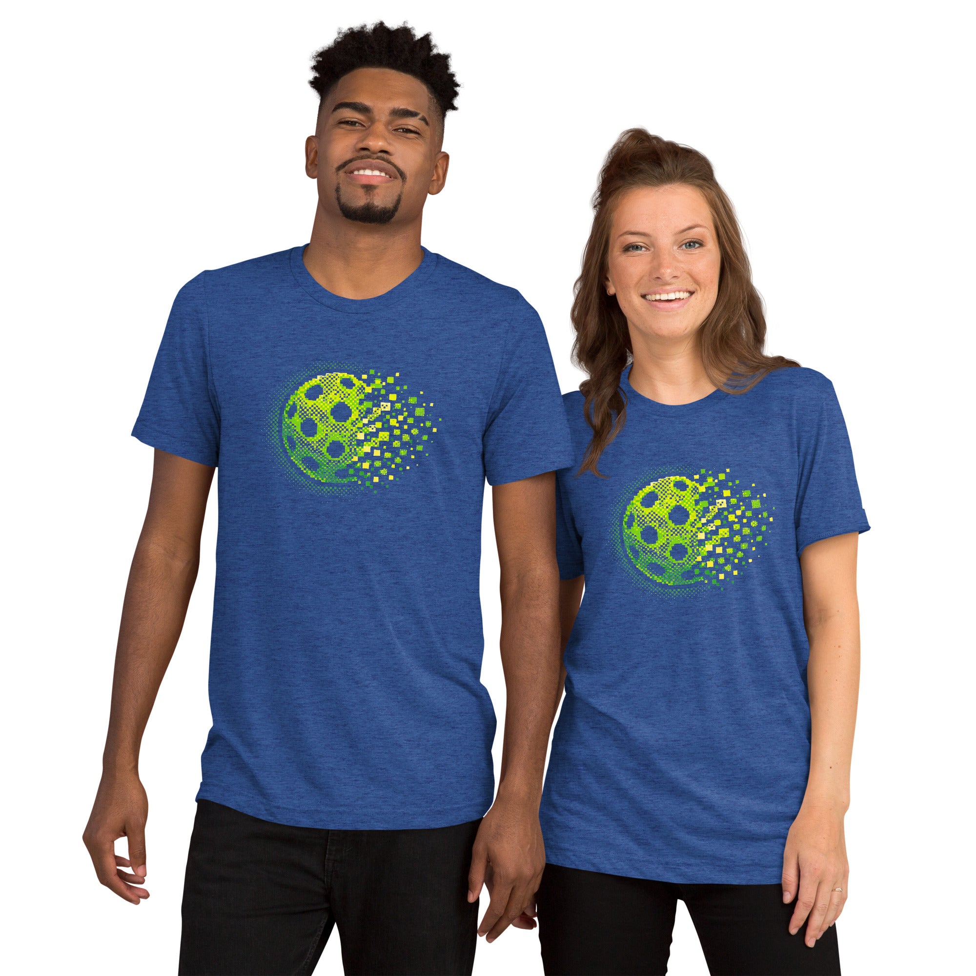 PeaMac Pickleball Tees Matrix Burst Pickleball T-Shirt in true royal, featuring classic retro court graphic on unisex tri-blend fabric.
