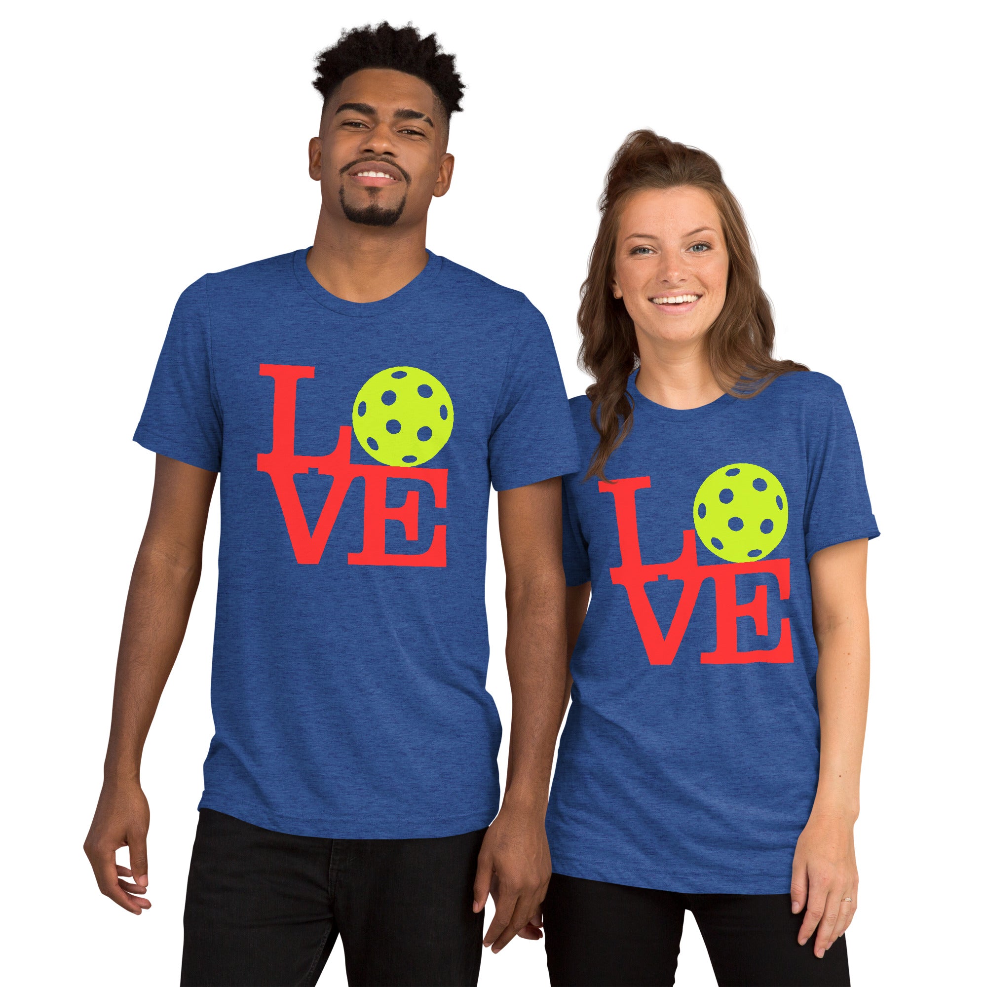 Unisex neon pop art LOVE Pickleball T-Shirt by PeaMac Pickleball Tees, true royal tri-blend fabric, front view