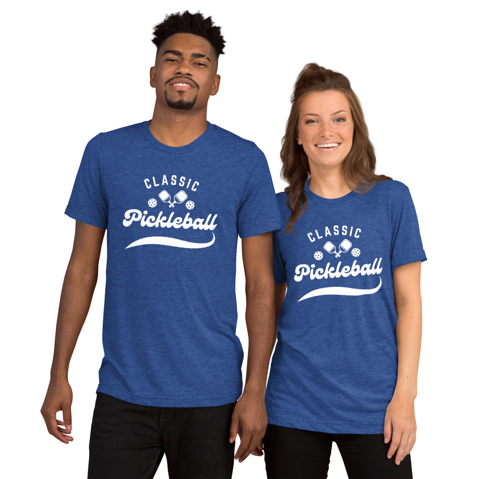 White unisex tri-blend T-shirt featuring a Classic Pickleball Script Design, made by PeaMac Pickleball Tees.