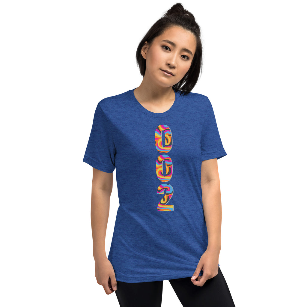 Unisex true royal blue tri-blend Pickleball T-shirt by PeaMac Pickleball Tees with psychedelic design on front.