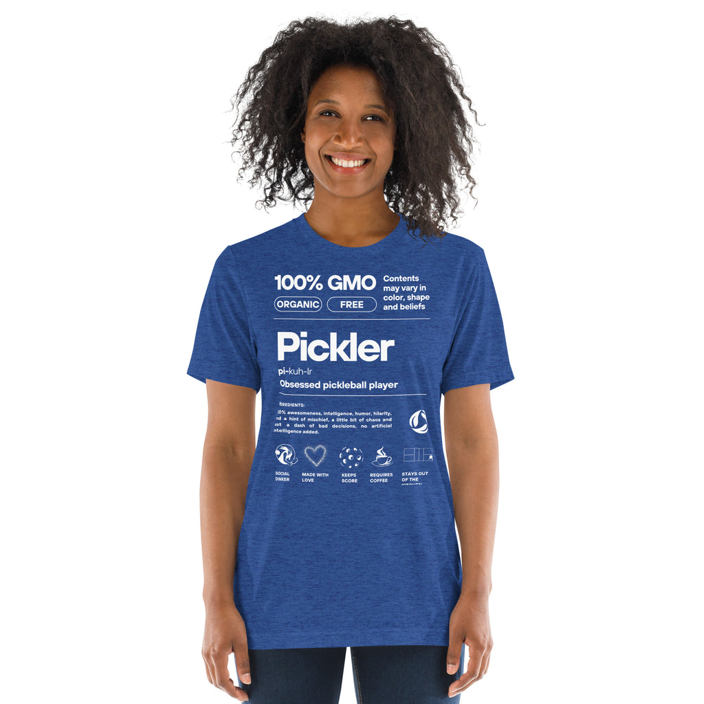 Women's Pickler Funny Definitions T-Shirt by PeaMac Pickleball Tees, lightweight tri-blend fabric, white text, front view.