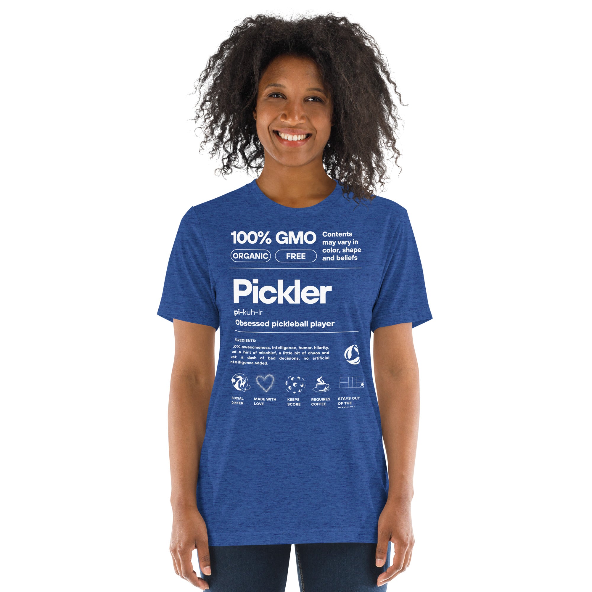 Women's Pickler Funny Definitions T-Shirt by PeaMac Pickleball Tees, lightweight tri-blend fabric, white text, front view.