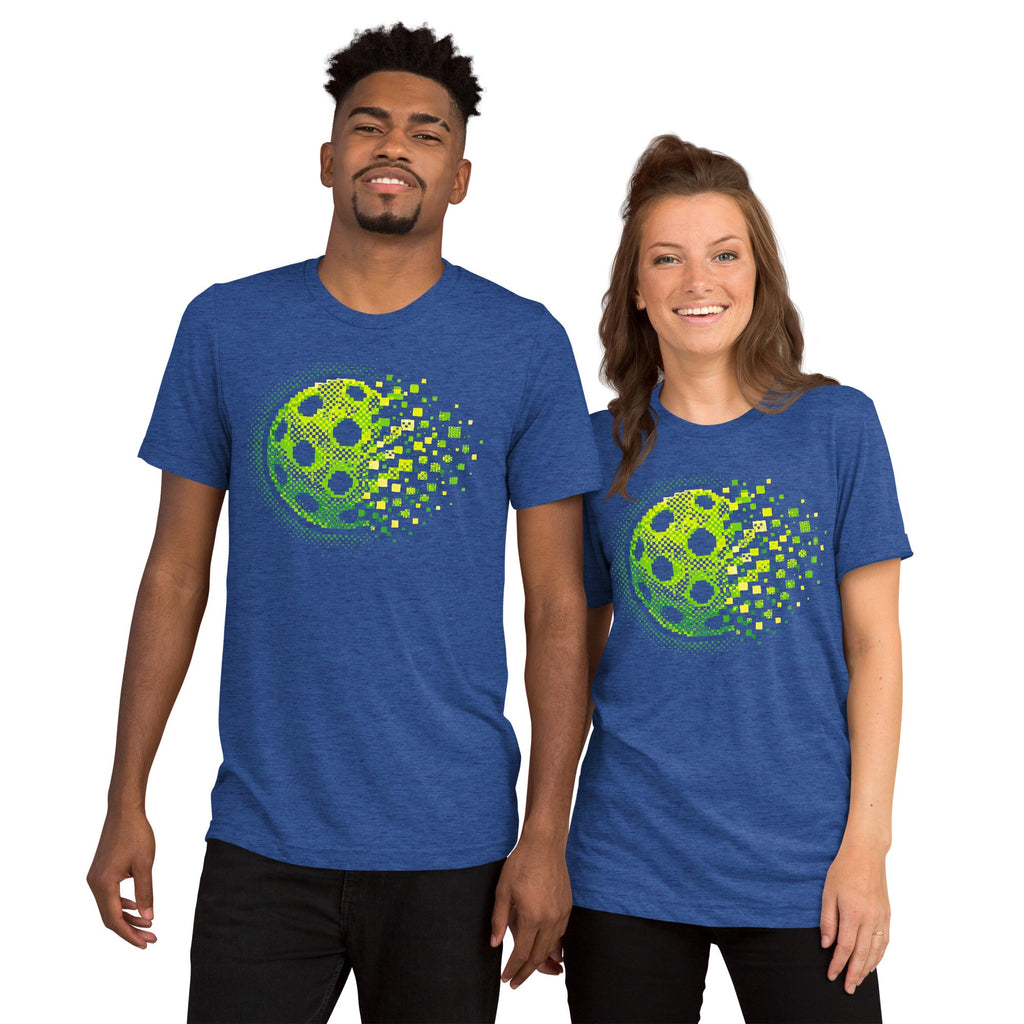 Unisex true royal tri-blend T-shirt featuring the Matrix Burst Neo-Green pickleball graphic, by PeaMac Pickleball Tees.