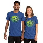 Unisex true royal tri-blend T-shirt featuring the Matrix Burst Neo-Green pickleball graphic, by PeaMac Pickleball Tees.