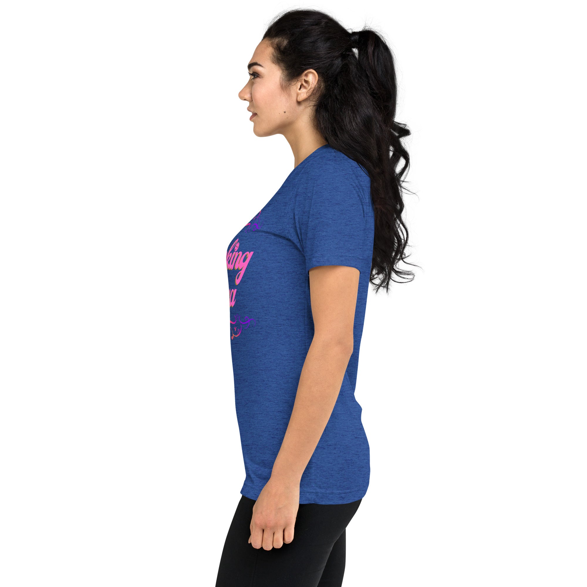Pink Dinking Diva Pickleball Tee by PeaMac Pickleball Tees, unisex tri-blend athletic T-shirt with true royal and pink filigree design.