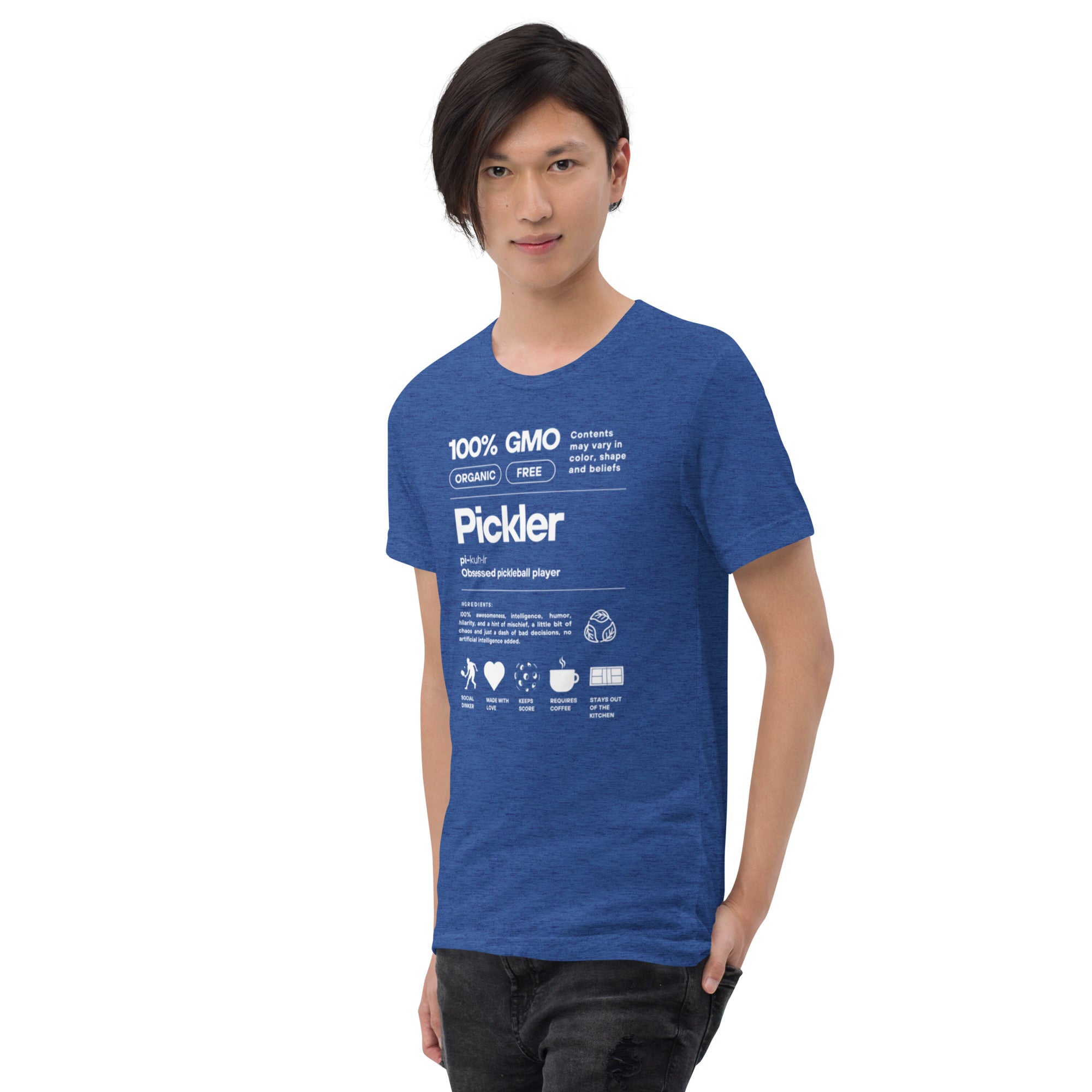 Men's Pickler Funny Definitions T-Shirt by PeaMac Pickleball Tees, unisex tri-blend activewear in true royal color, front view.