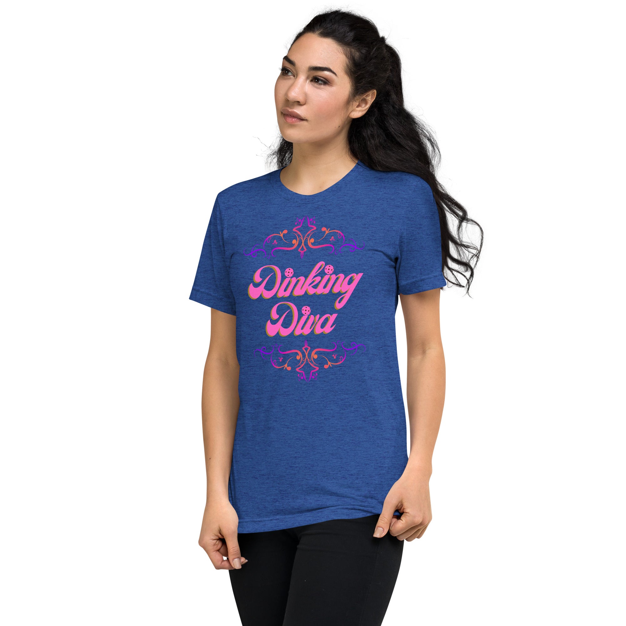 Pink Dinking Diva Pickleball Tee by PeaMac Pickleball Tees, unisex tri-blend athletic T-shirt with Dinking Diva logo on front.