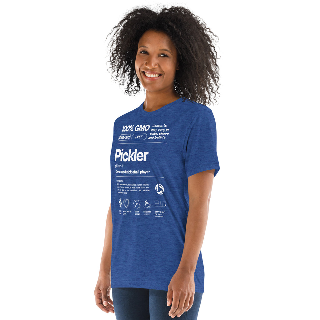 PeaMac Pickleball Tees women's white tri-blend T-shirt with humorous pickleball definitions text on the front.