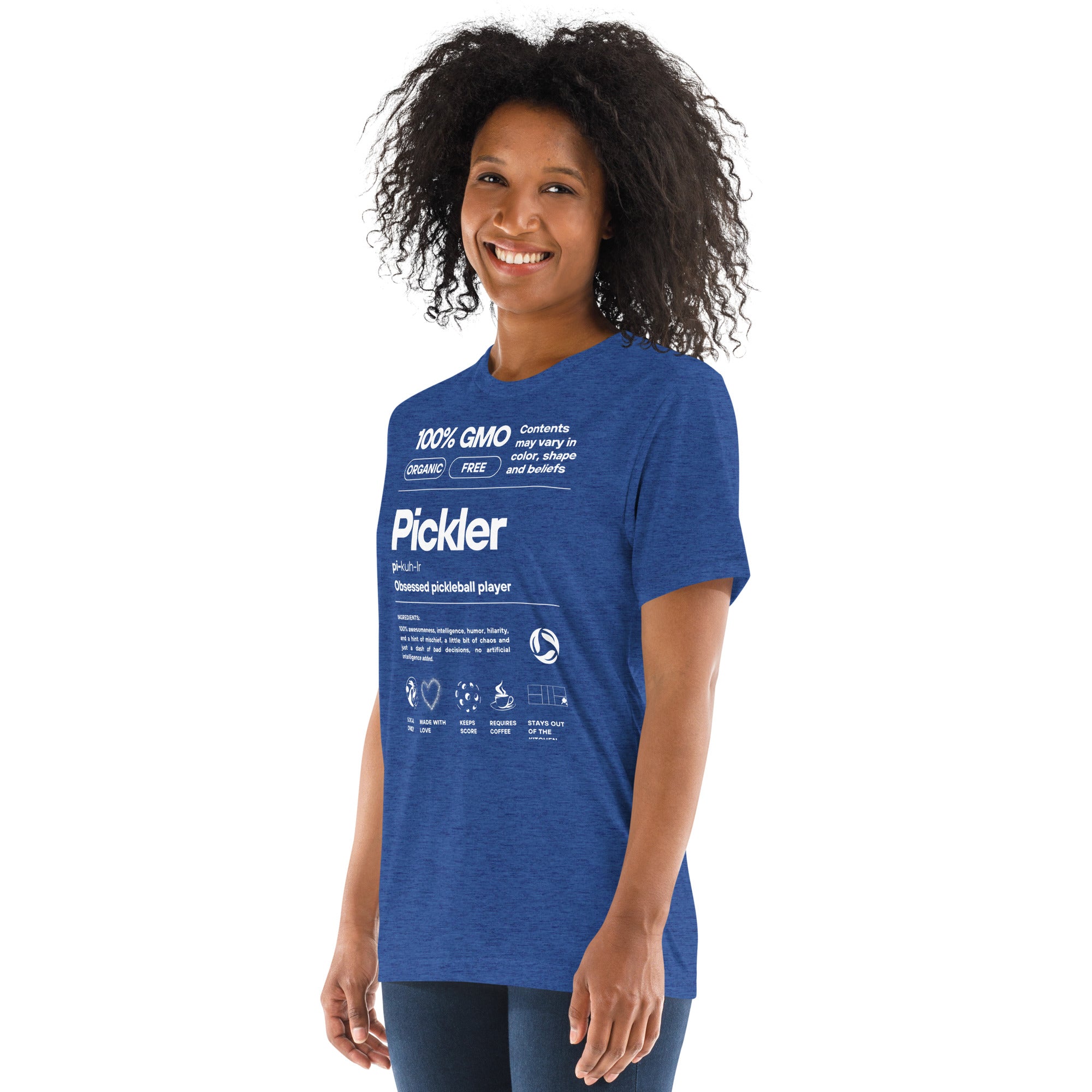 PeaMac Pickleball Tees women's white tri-blend T-shirt with humorous pickleball definitions text on the front.