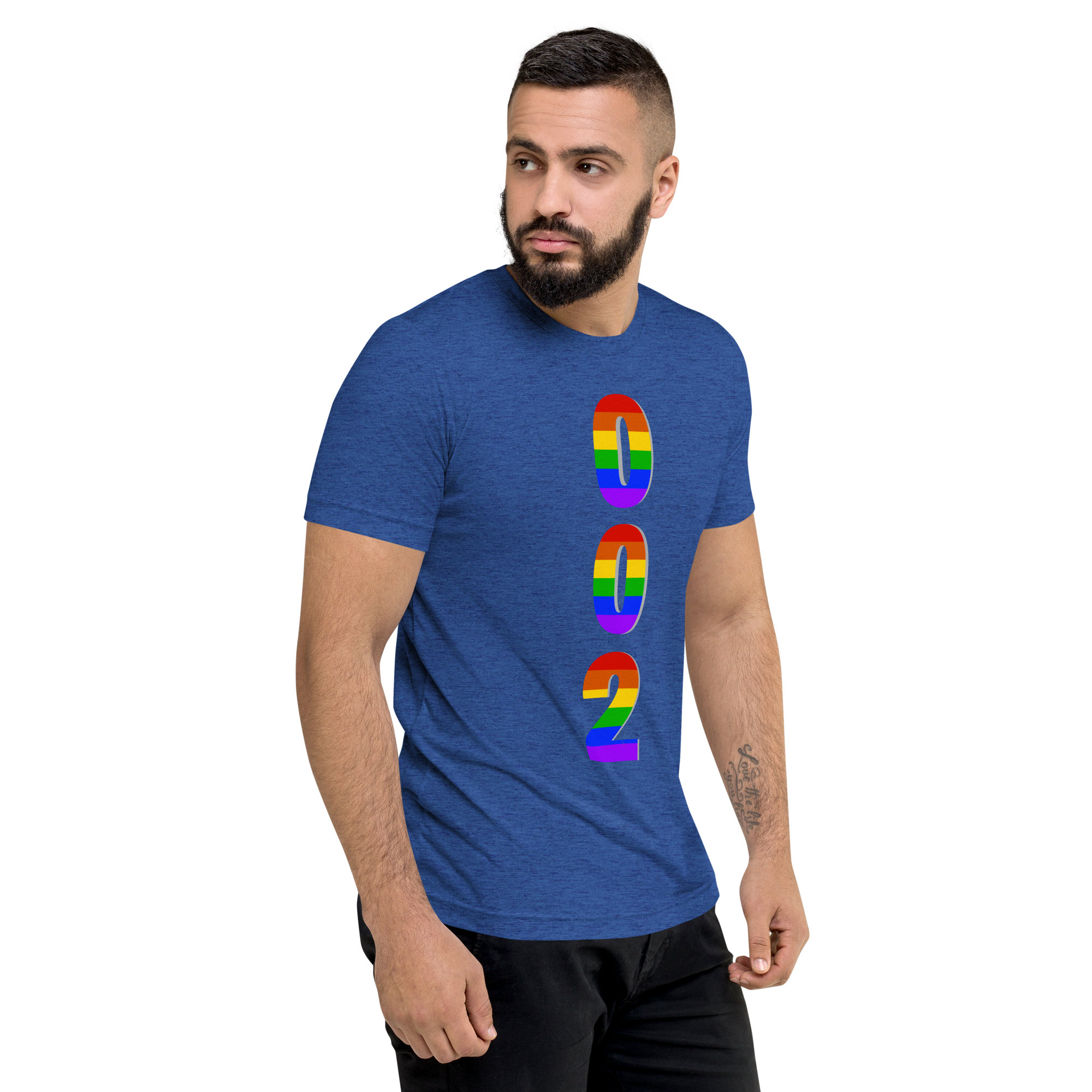 Unisex Pickleball Pride T-Shirt by PeaMac Pickleball Tees in true royal tri-blend fabric, featuring colorful LGBTQ2 rainbow design.