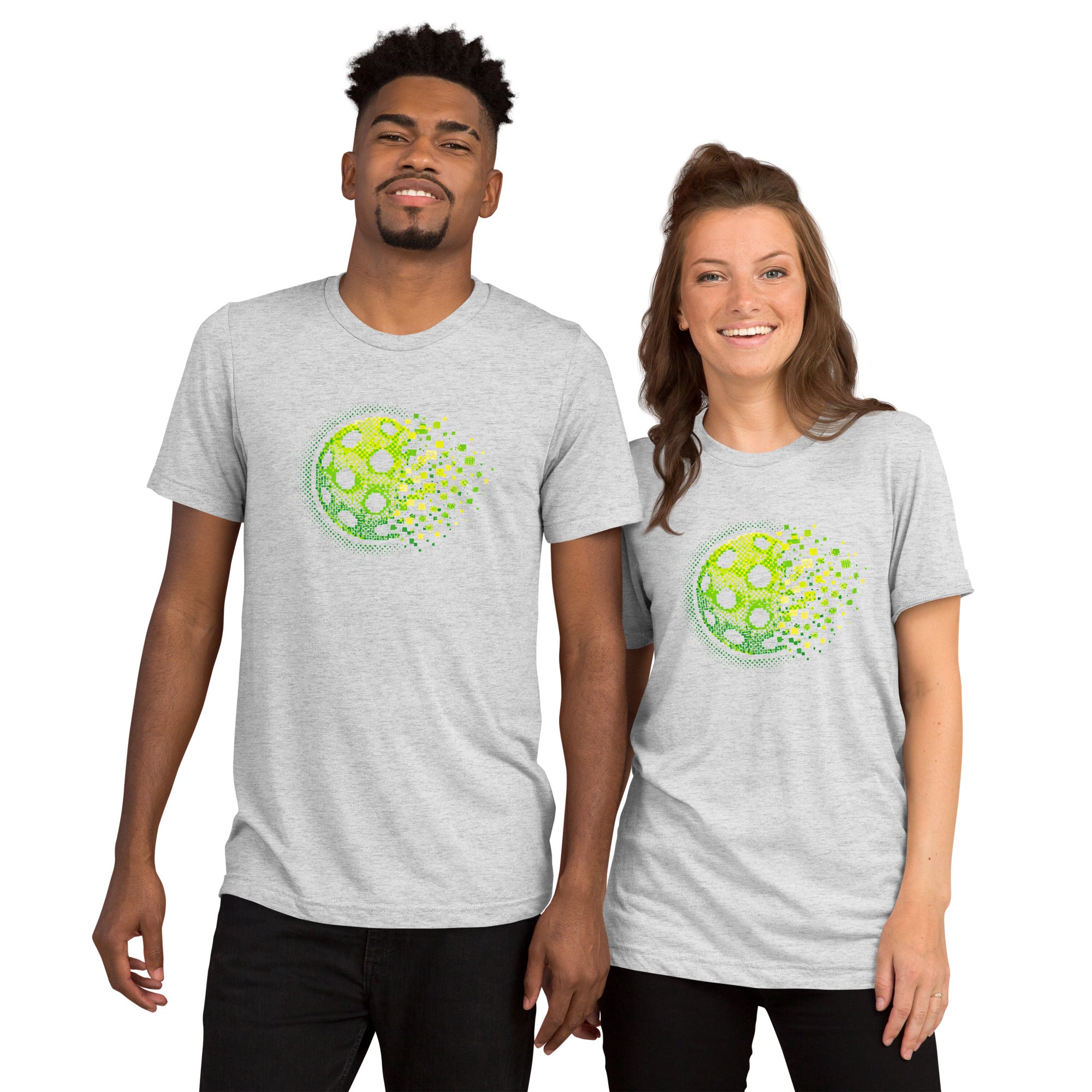 Unisex tri-blend white fleck T-shirt with retro court graphic for pickleball by PeaMac Pickleball Tees