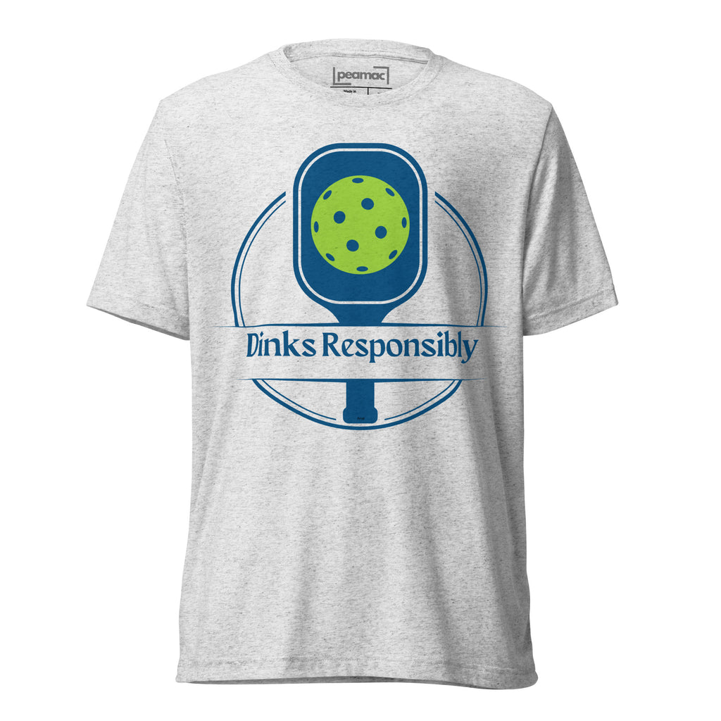 Unisex white tri-blend T-shirt from PeaMac Pickleball Tees with a pickleball paddle and ball graphic, casual and humorous design.