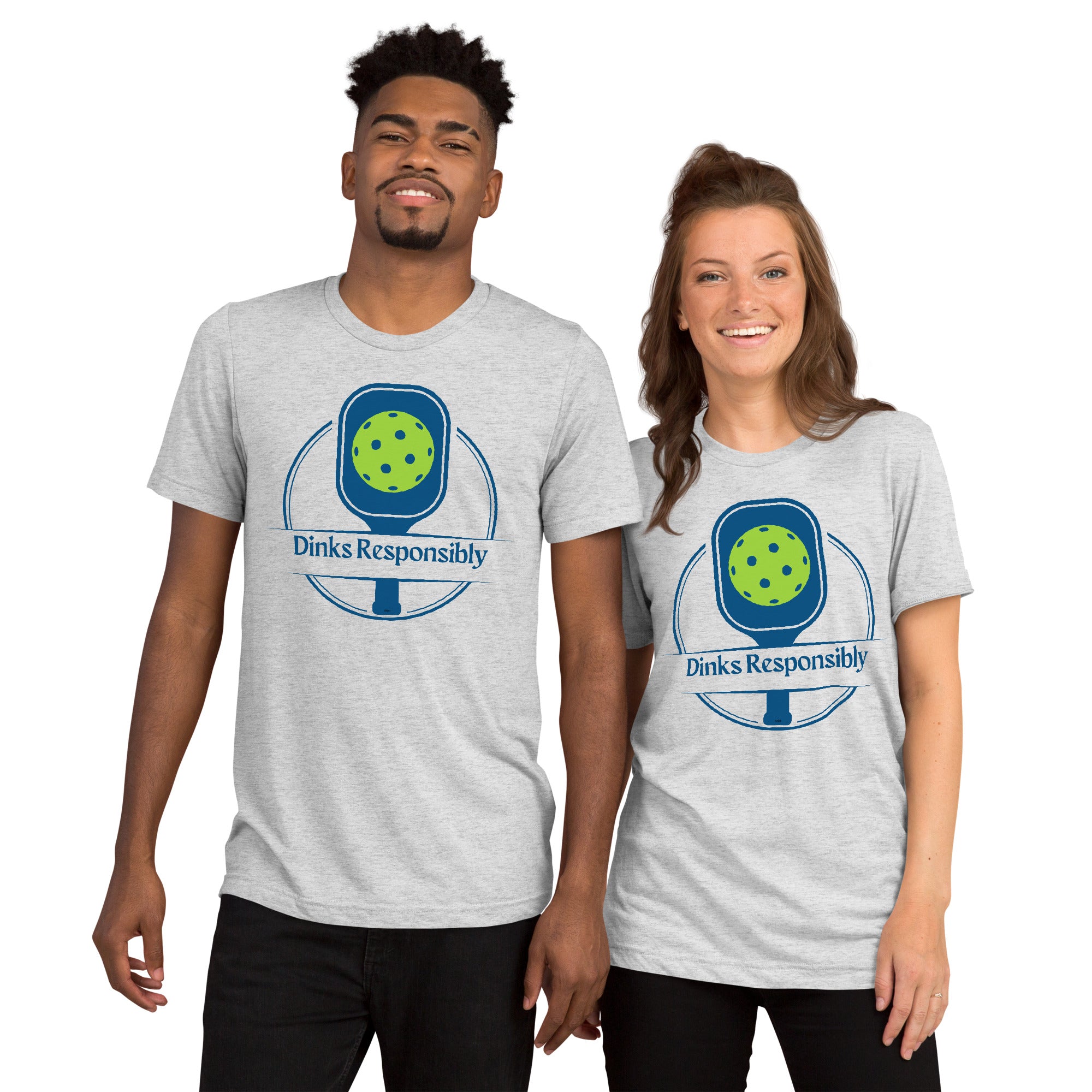 Unisex white tri-blend pickleball T-shirt with humorous graphic of a paddle and ball, designed by PeaMac Pickleball Tees.