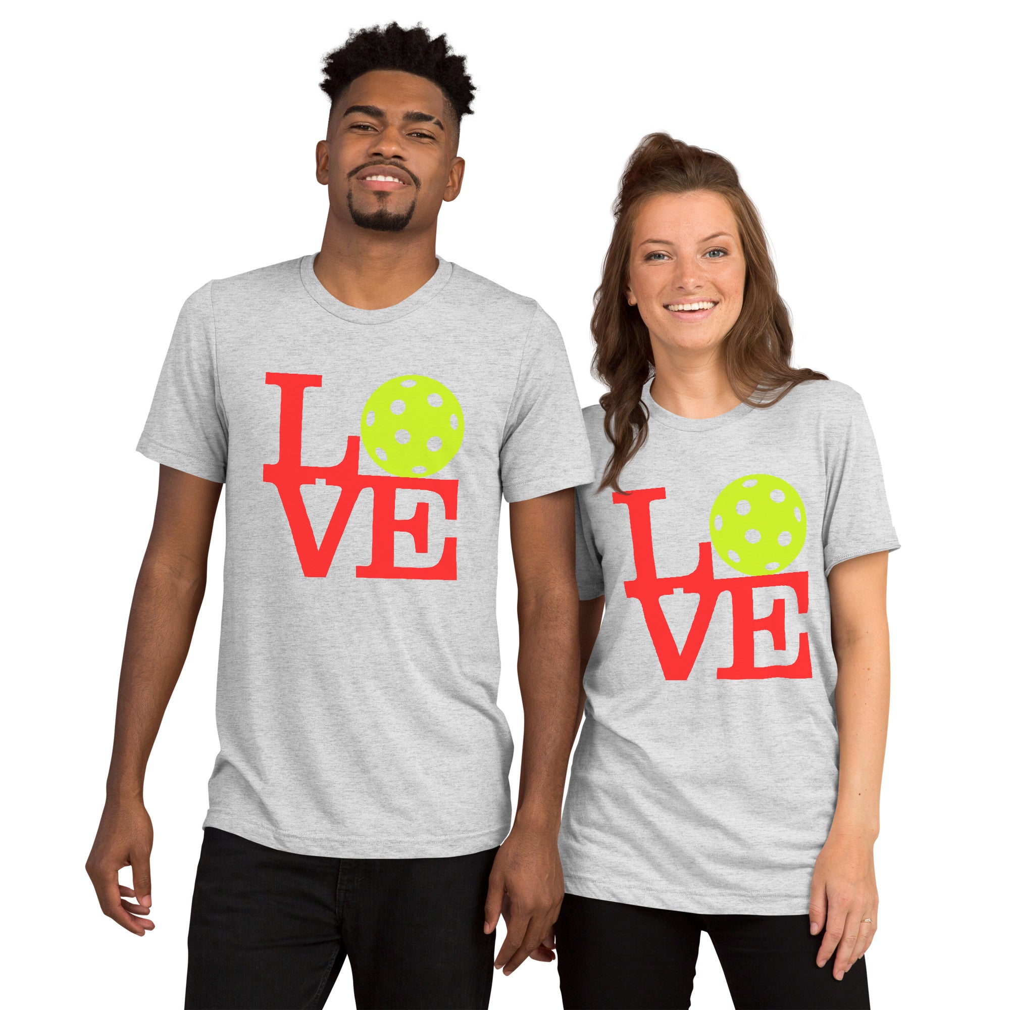Unisex neon pop art pickleball T-shirt by PeaMac Pickleball Tees, white tri-blend fabric with front graphic design.