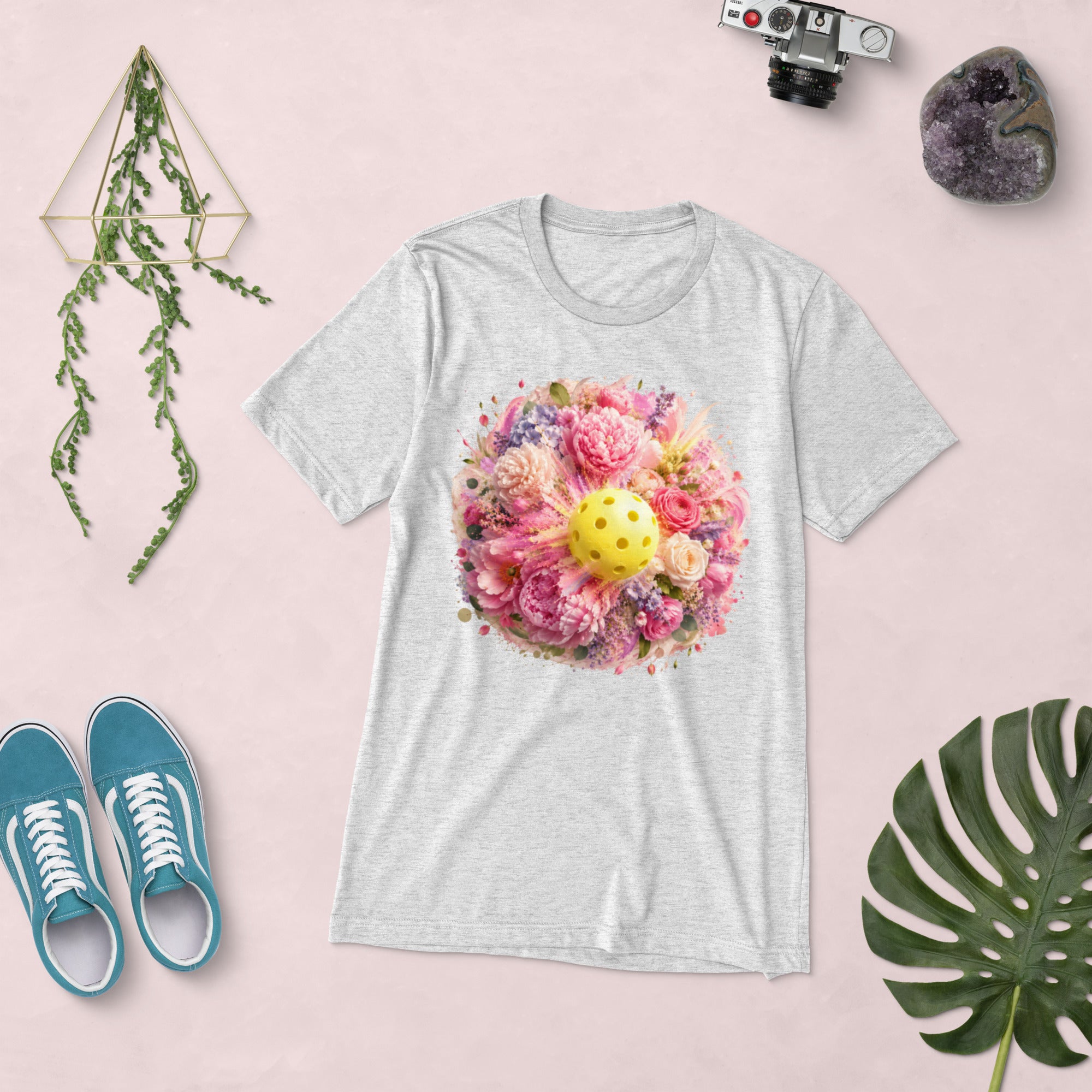 White unisex Peony Pickleball Tee by PeaMac, premium triblend T-shirt with a front design, casual and comfortable wear.