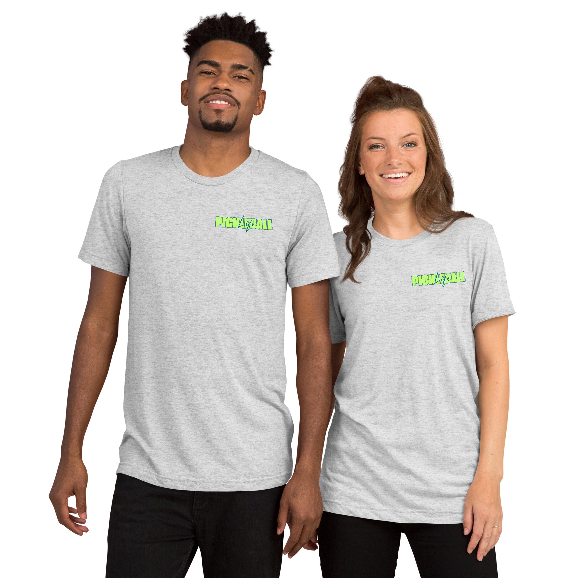 Unisex Pickleball Life T-Shirt by PeaMac Pickleball Tees with bold green and blue graphic on white fleck tri-blend fabric.