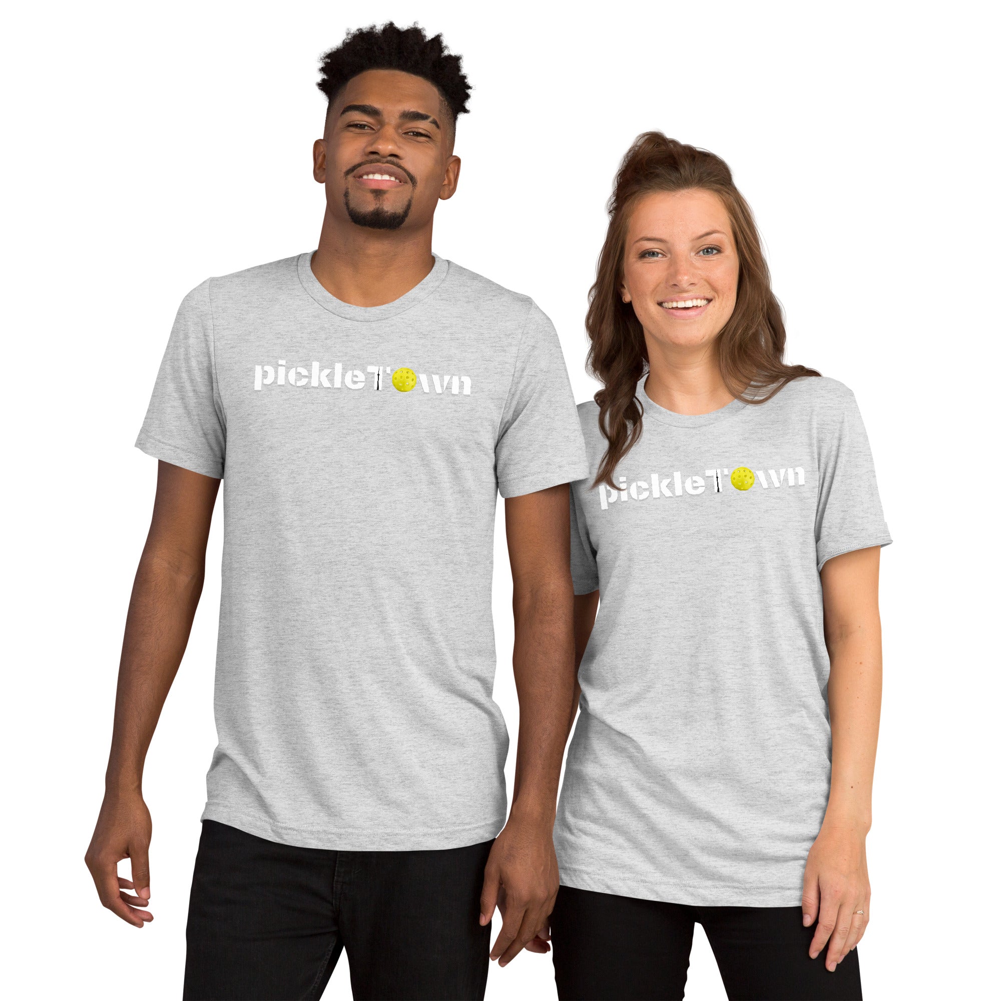 White unisex Toronto PickleTOwn T-Shirt by PeaMac Pickleball Tees featuring CN Tower and Pickleball ‘O’ design on the front.
