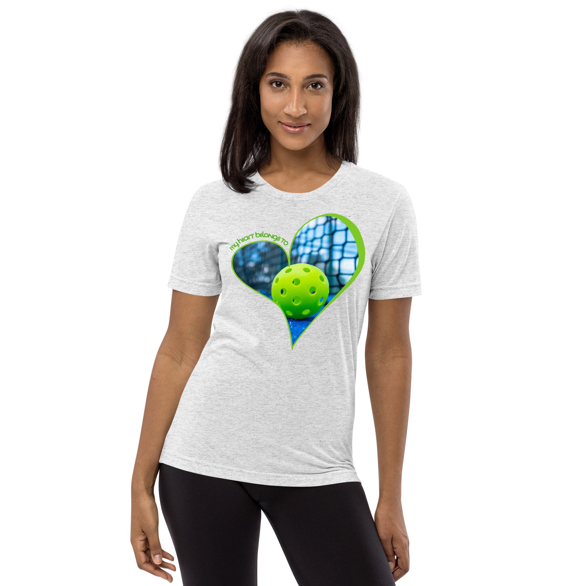 White unisex tri-blend T-shirt featuring "My Heart Belongs to Pickleball" slogan, by PeaMac Pickleball Tees, front view.