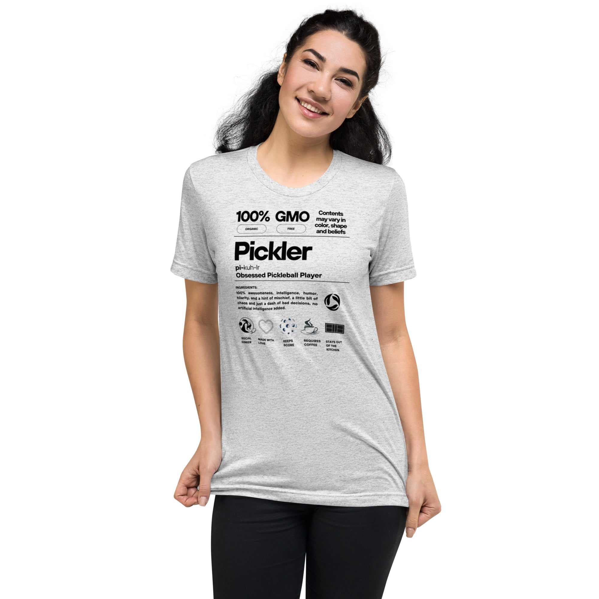 Women's Pickler Funny Definitions T-Shirt by PeaMac Pickleball Tees, white tri-blend fabric with humorous pickleball-related text.