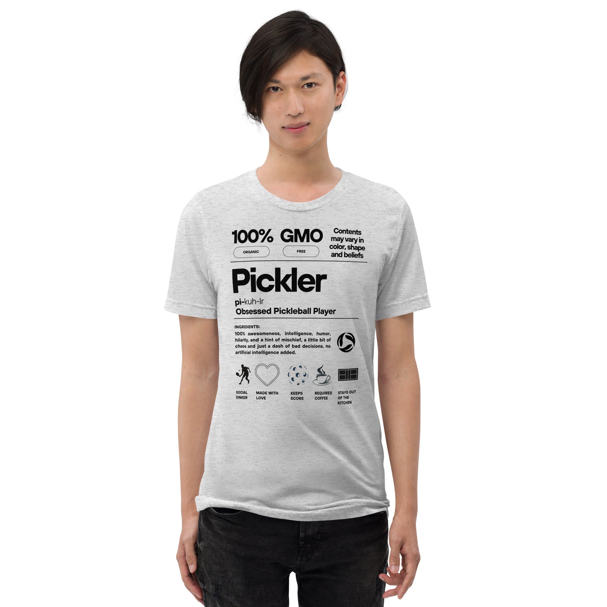 Unisex white tri-blend Pickler Funny Definitions T-Shirt by PeaMac Pickleball Tees, featuring a front graphic design.