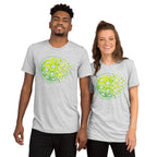 Unisex white fleck tri-blend T-shirt featuring the Matrix Burst Neo-Green pickleball graphic, by PeaMac Pickleball Tees.