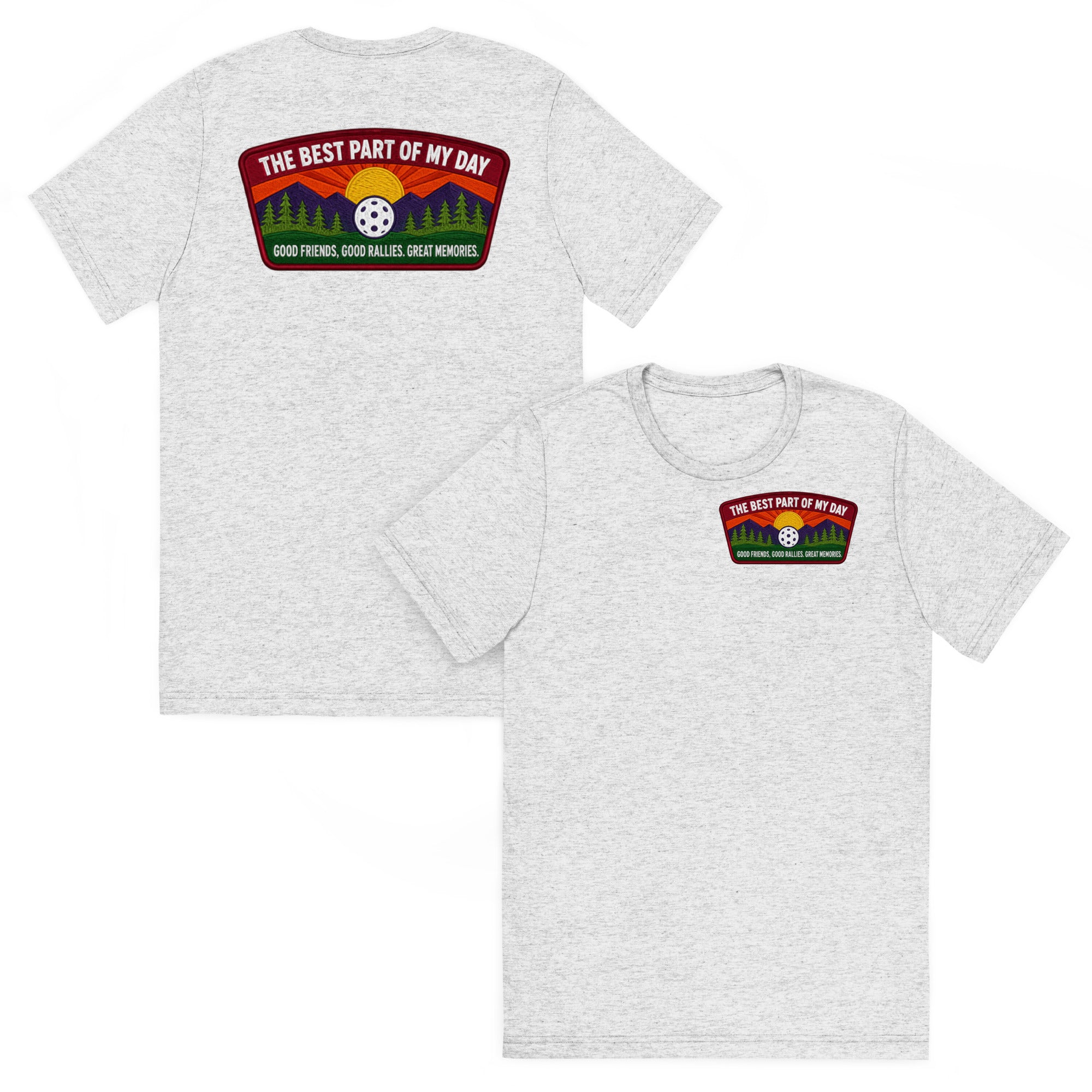Unisex white tri-blend pickleball T-shirt with front and back design, from PeaMac Pickleball Tees, featuring "Best Part of My Day" print.