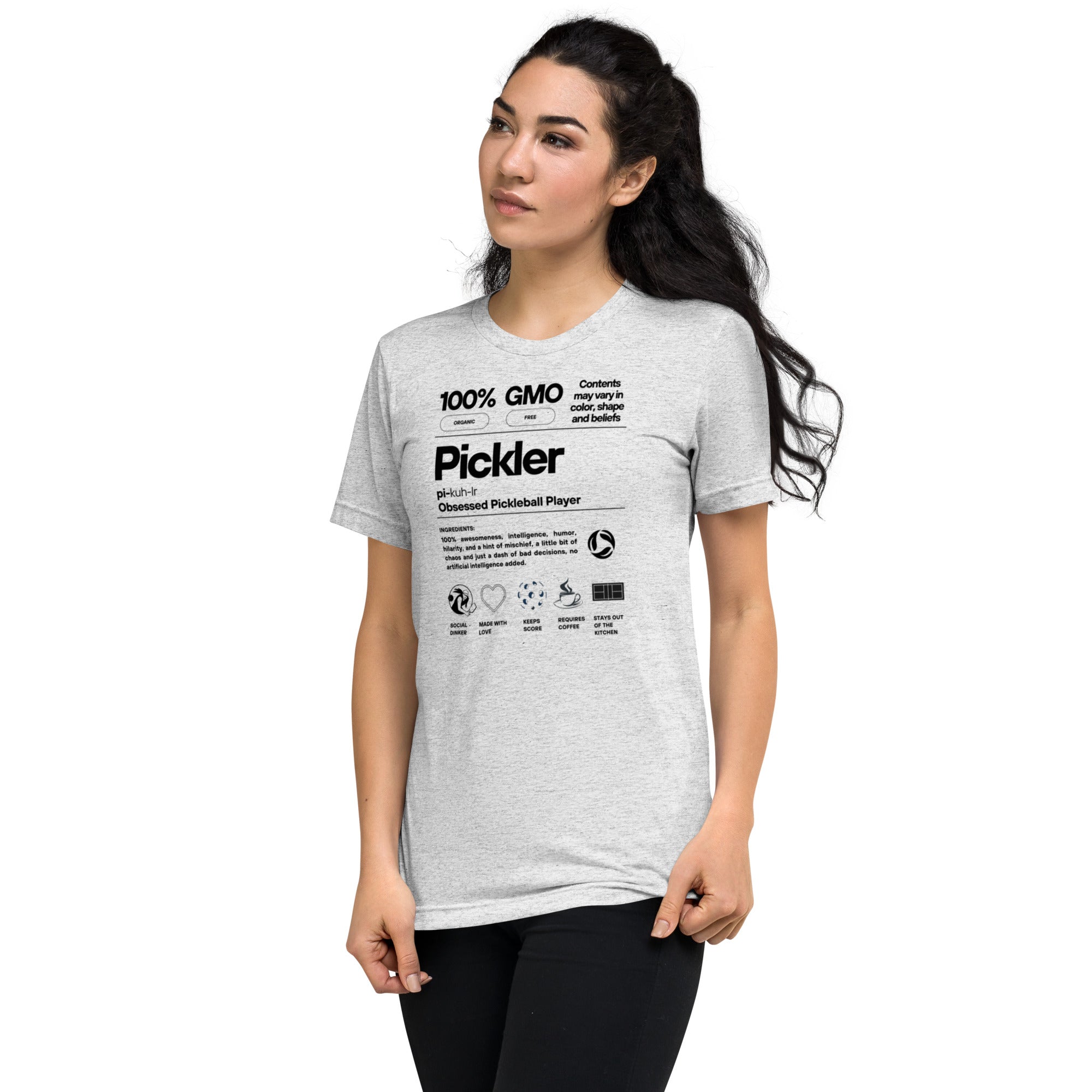 White women's Pickler Funny Definitions T-Shirt by PeaMac Pickleball Tees, featuring lightweight tri-blend fabric and playful pickleball-themed text.