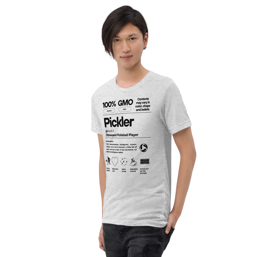 Unisex white tri-blend Pickler Funny Definitions T-Shirt by PeaMac Pickleball Tees, featuring a left-front print design.