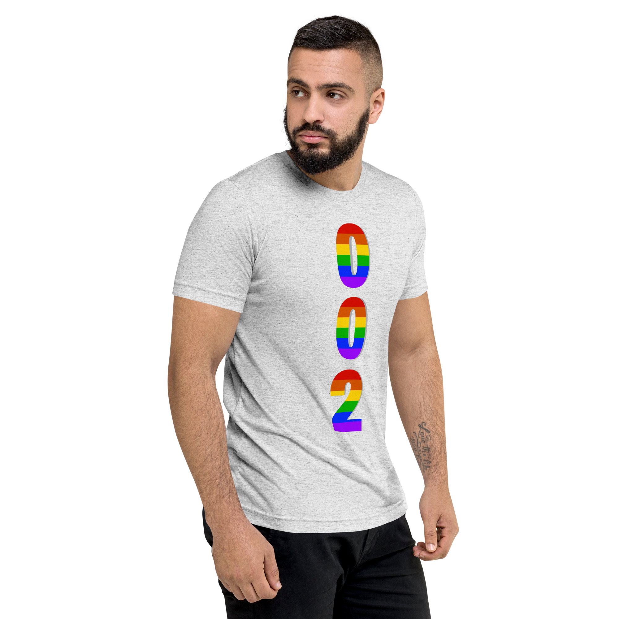 White unisex tri-blend pickleball pride T-shirt by PeaMac Pickleball Tees, featuring LGBTQ2 rainbow design on front.