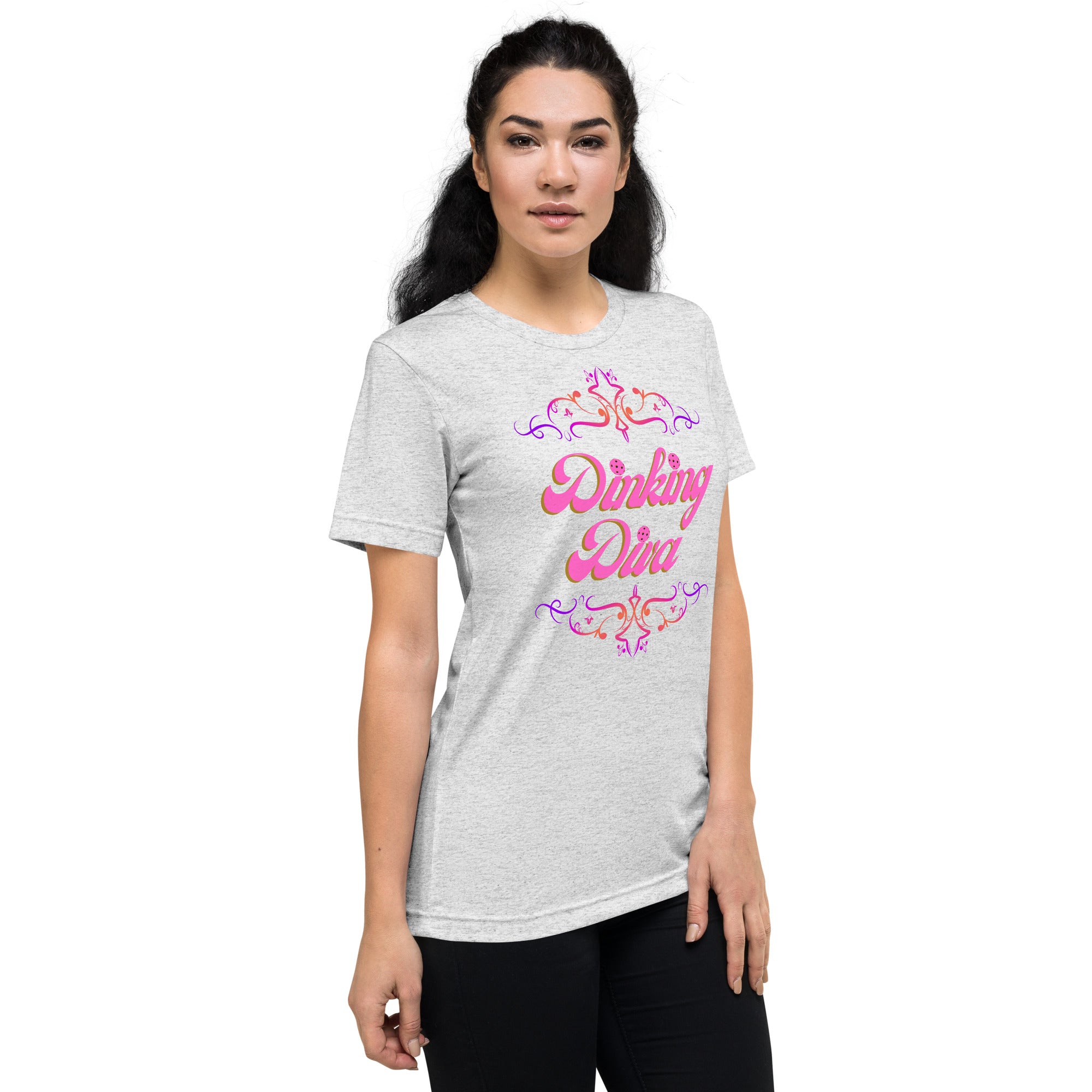 Pink Dinking Diva pickleball T-shirt by PeaMac Pickleball Tees, unisex tri-blend athletic tee with white fleck, right front view.