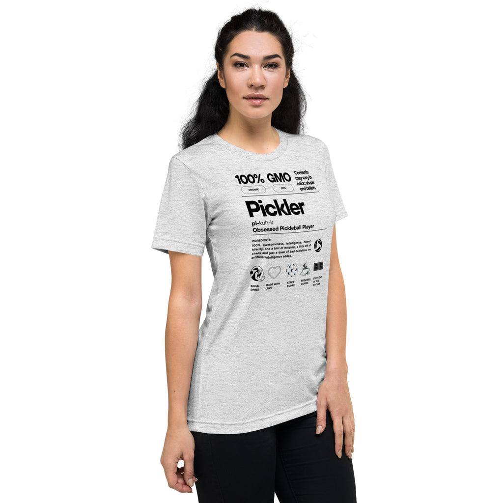 Women's Pickler Funny Definitions T-Shirt by PeaMac Pickleball Tees, white tri-blend fabric, lightweight activewear, right-front view.